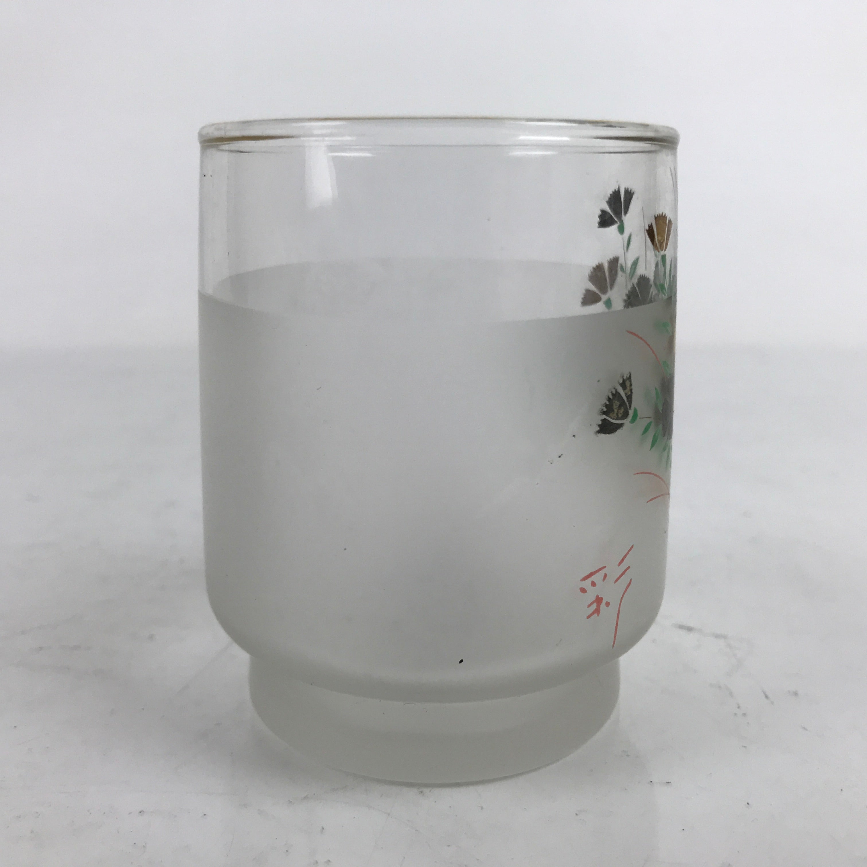 Japanese Frosted Glass Teacup Vtg Black Gold Nadeshiko Flower Yunomi TC445