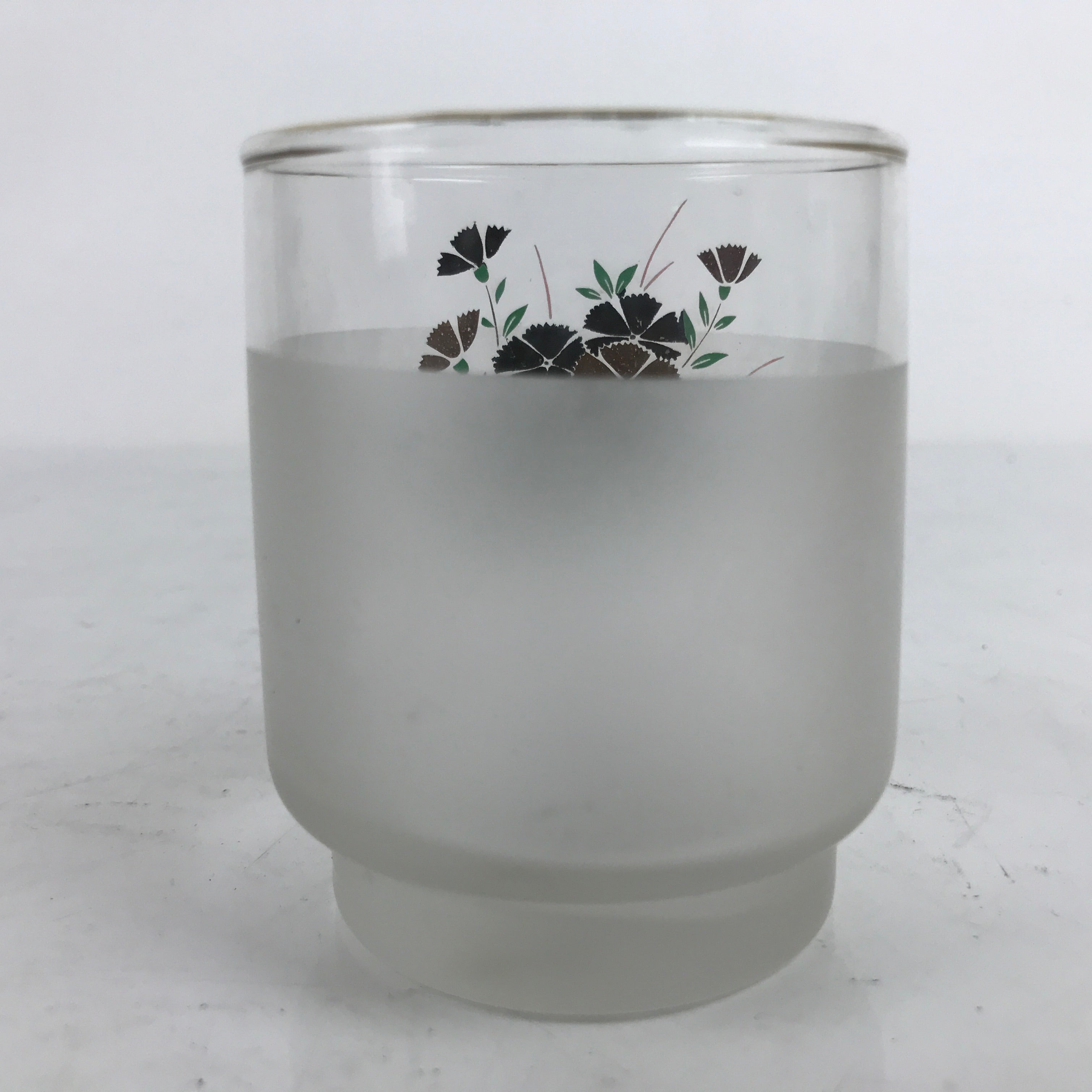 Japanese Frosted Glass Teacup Vtg Black Gold Nadeshiko Flower Yunomi TC445