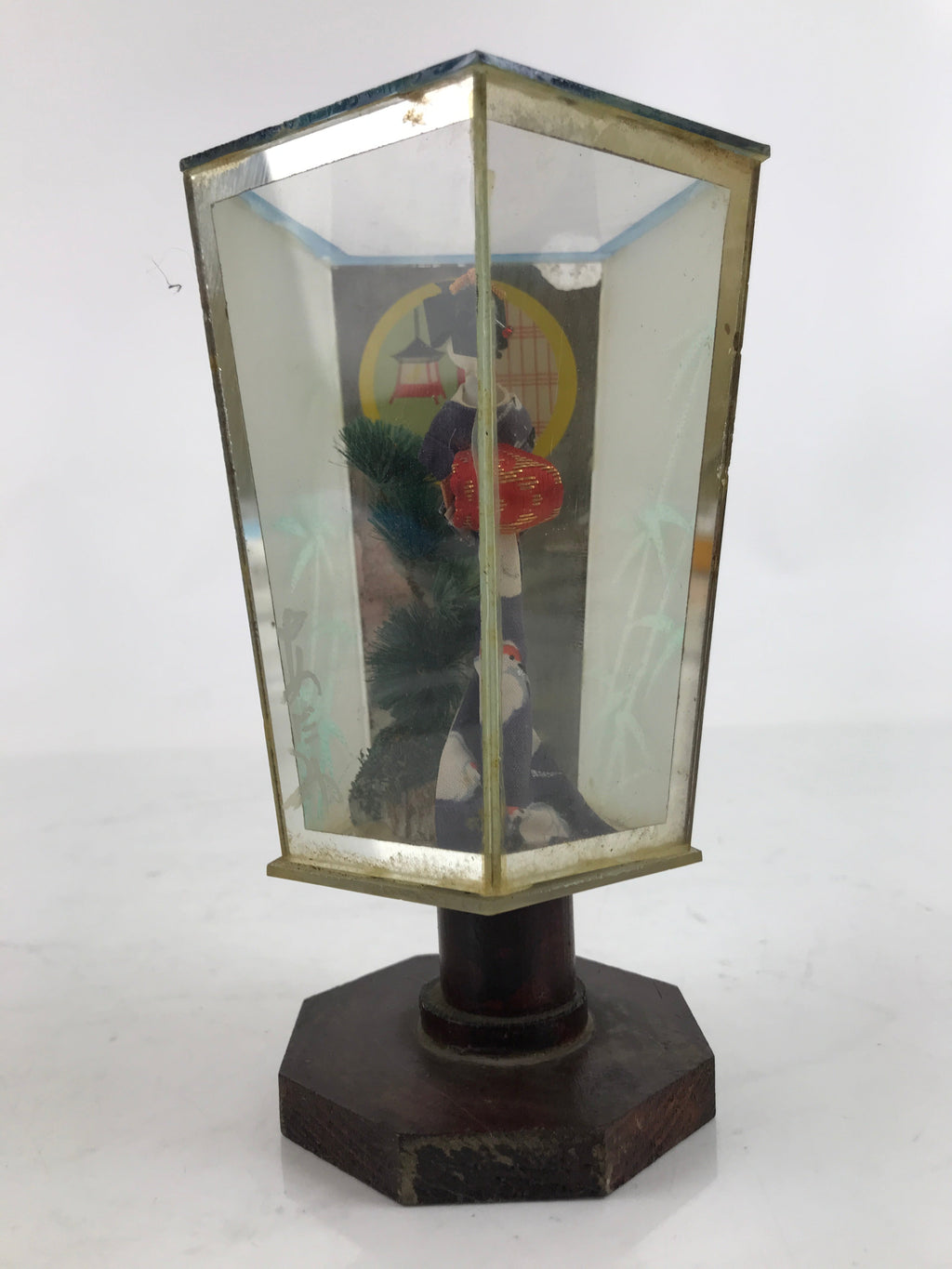 Japanese Geisha Figurine Vtg Purple Kimono Birds Glass Case Display ST17