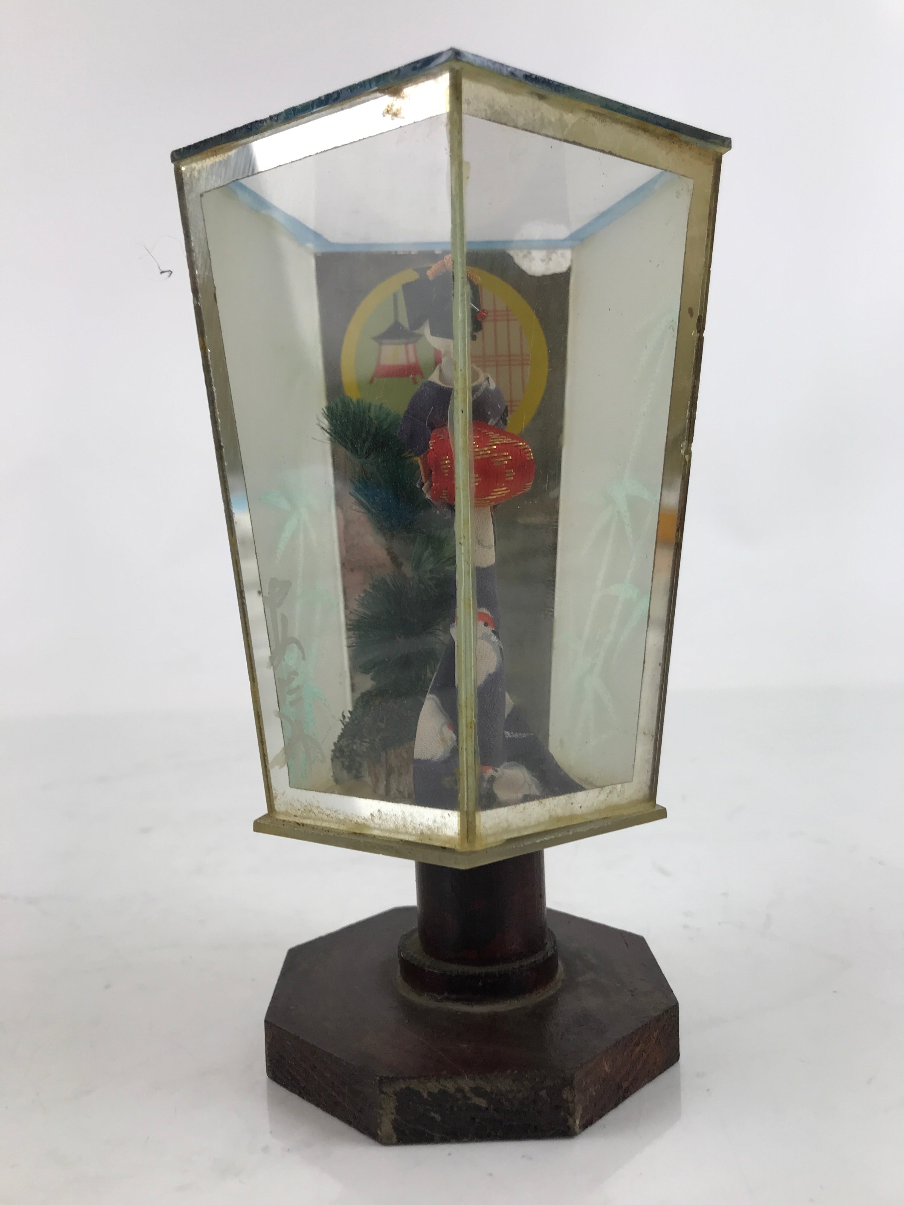 Japanese Geisha Figurine Vtg Purple Kimono Birds Glass Case Display ST17
