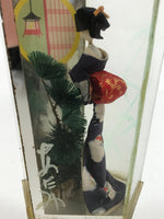 Japanese Geisha Figurine Vtg Purple Kimono Birds Glass Case Display ST17