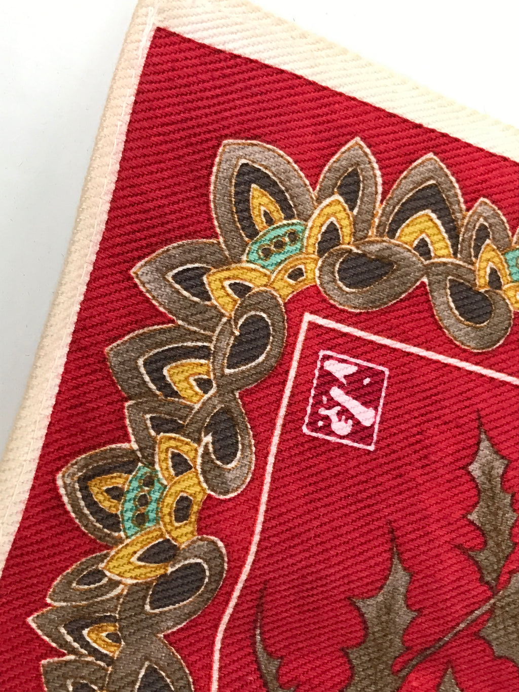 Japanese Genemon Fabric Tea Mat Vtg Small Rectangle Red Dandelion Tanpopo KB100