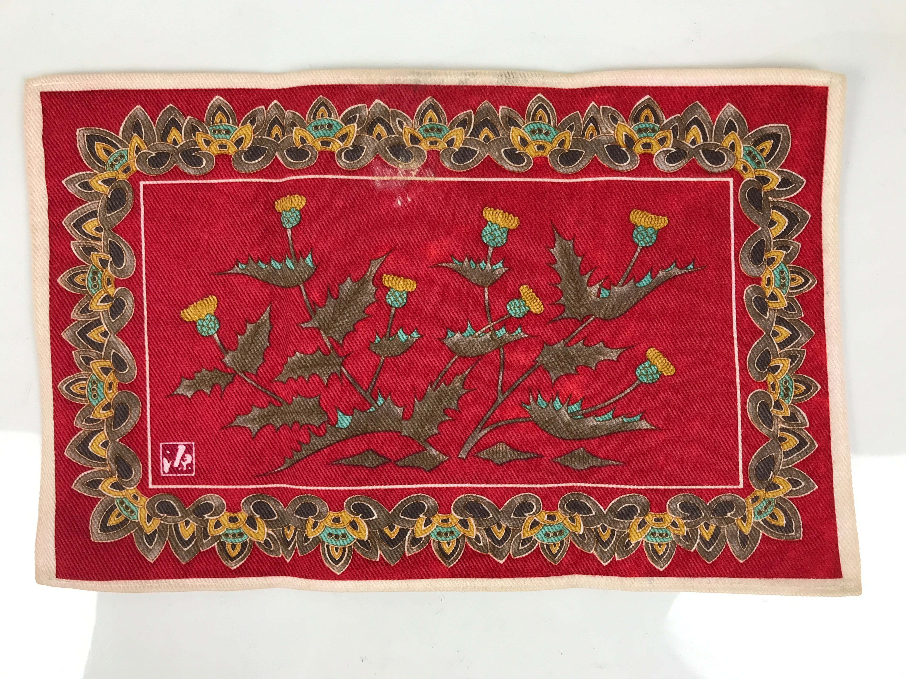 Japanese Genemon Fabric Tea Mat Vtg Small Rectangle Red Dandelion Tanpopo KB100