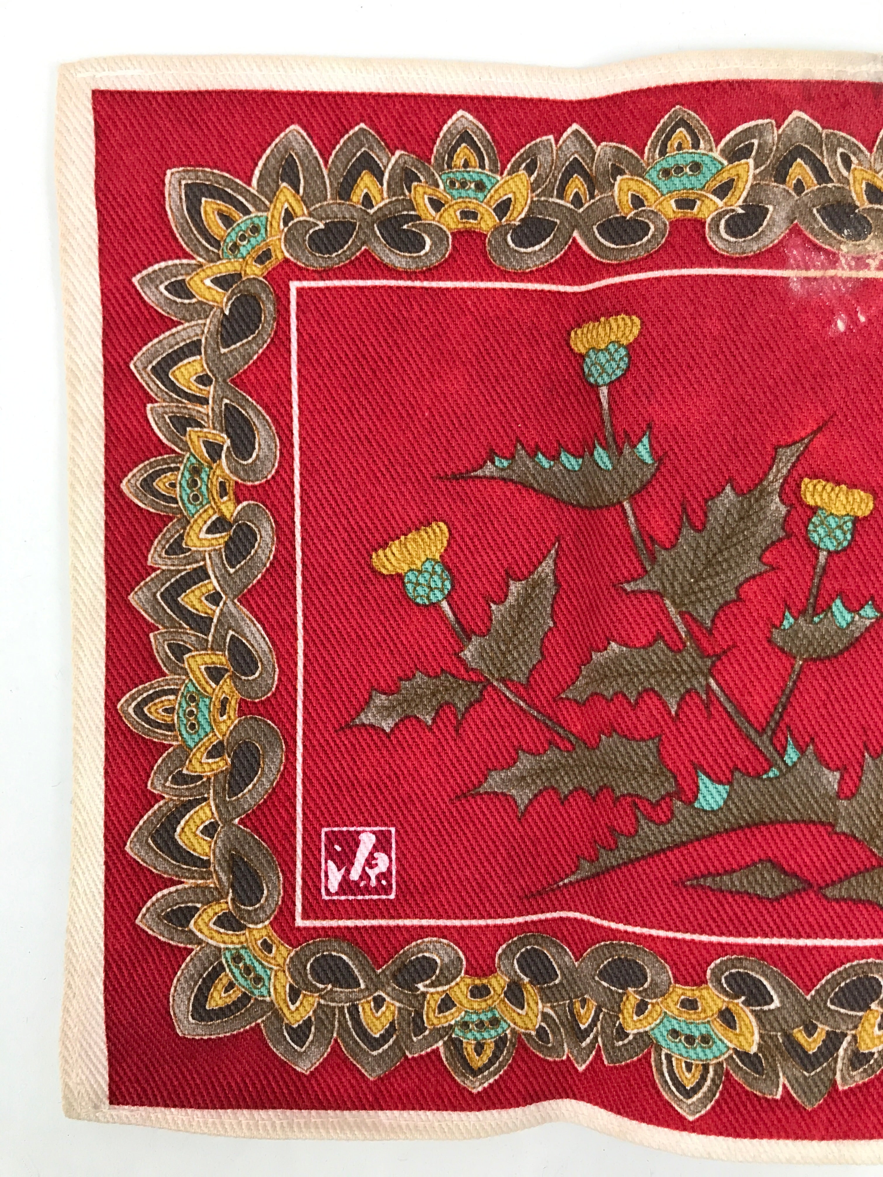 Japanese Genemon Fabric Tea Mat Vtg Small Rectangle Red Dandelion Tanpopo KB100