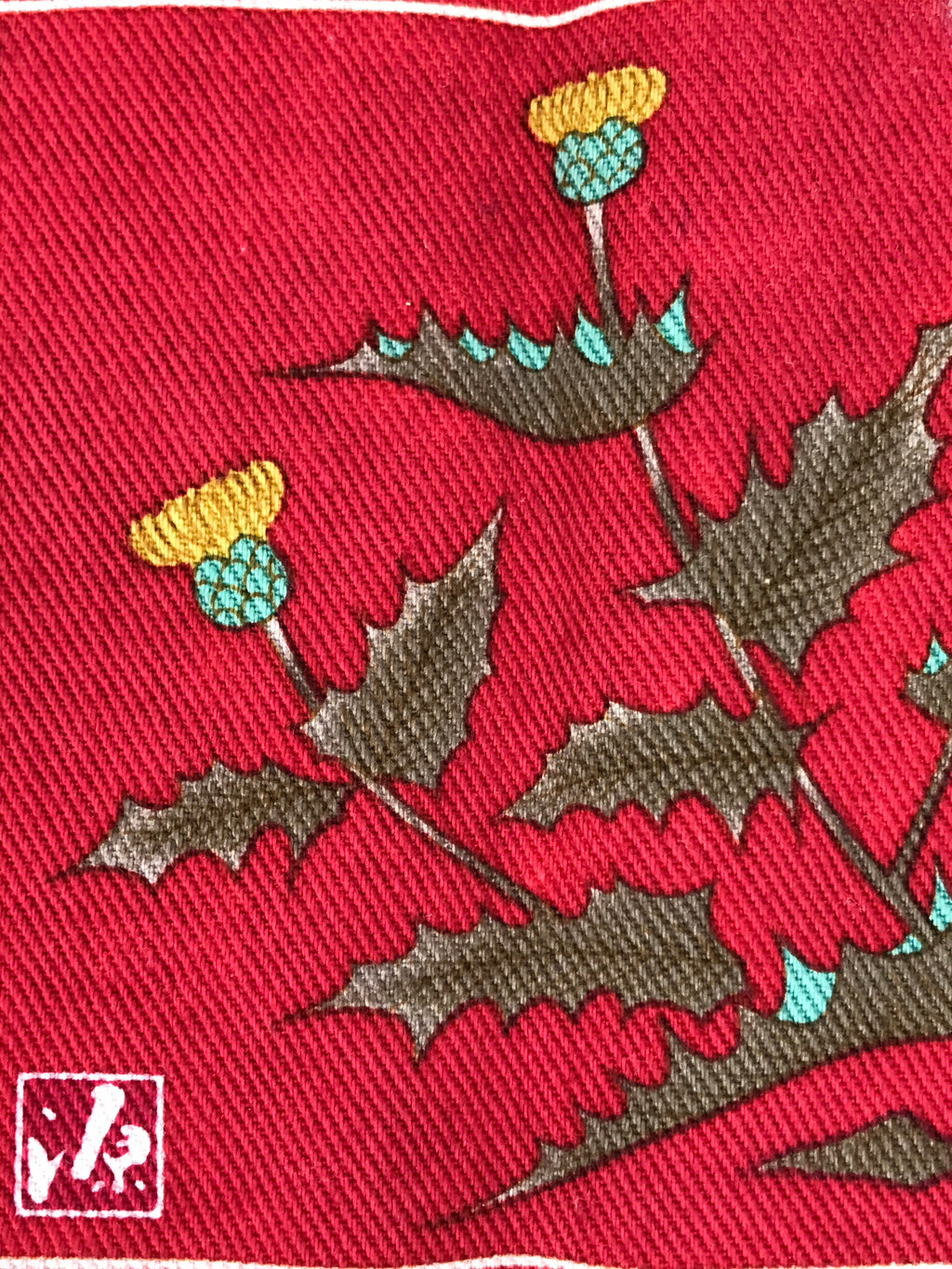 Japanese Genemon Fabric Tea Mat Vtg Small Rectangle Red Dandelion Tanpopo KB100
