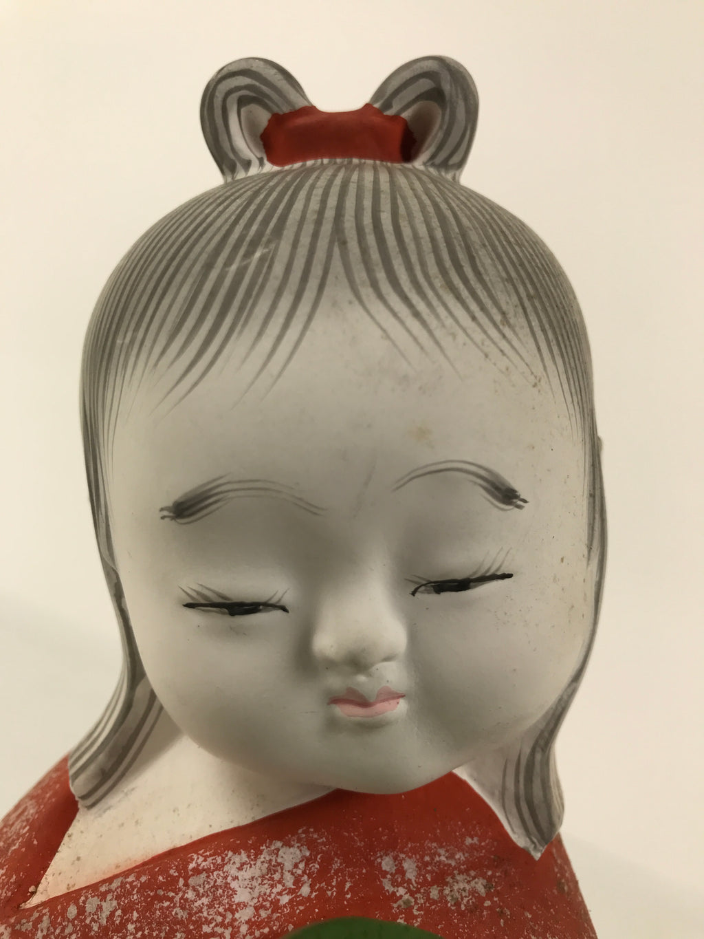 Japanese Girl Holding Pot Clay Doll Ningyo Figurine Orange Kimono w/Stand ST91