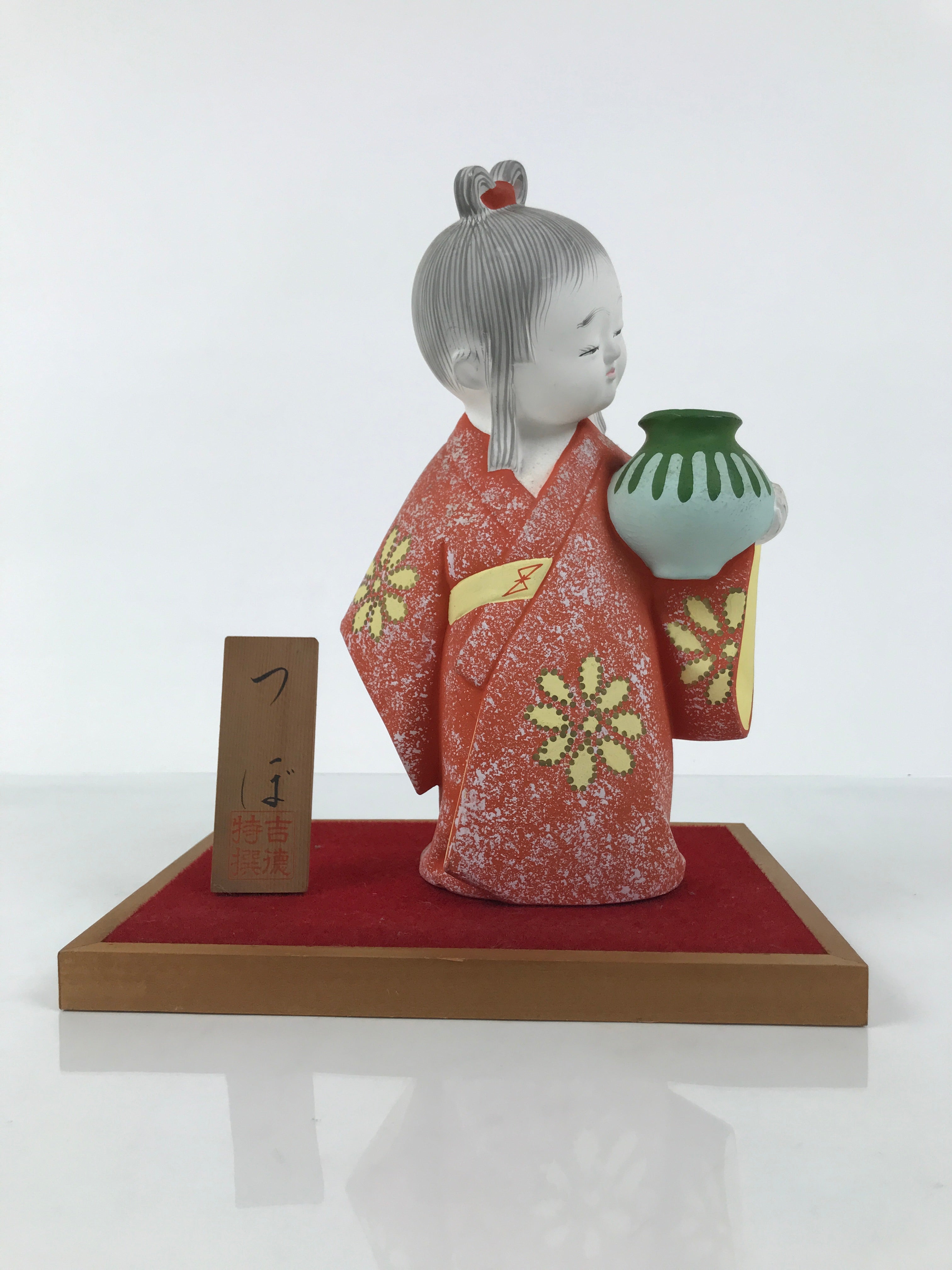 Japanese Girl Holding Pot Clay Doll Ningyo Figurine Orange Kimono w/Stand ST91