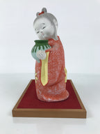 Japanese Girl Holding Pot Clay Doll Ningyo Figurine Orange Kimono w/Stand ST91