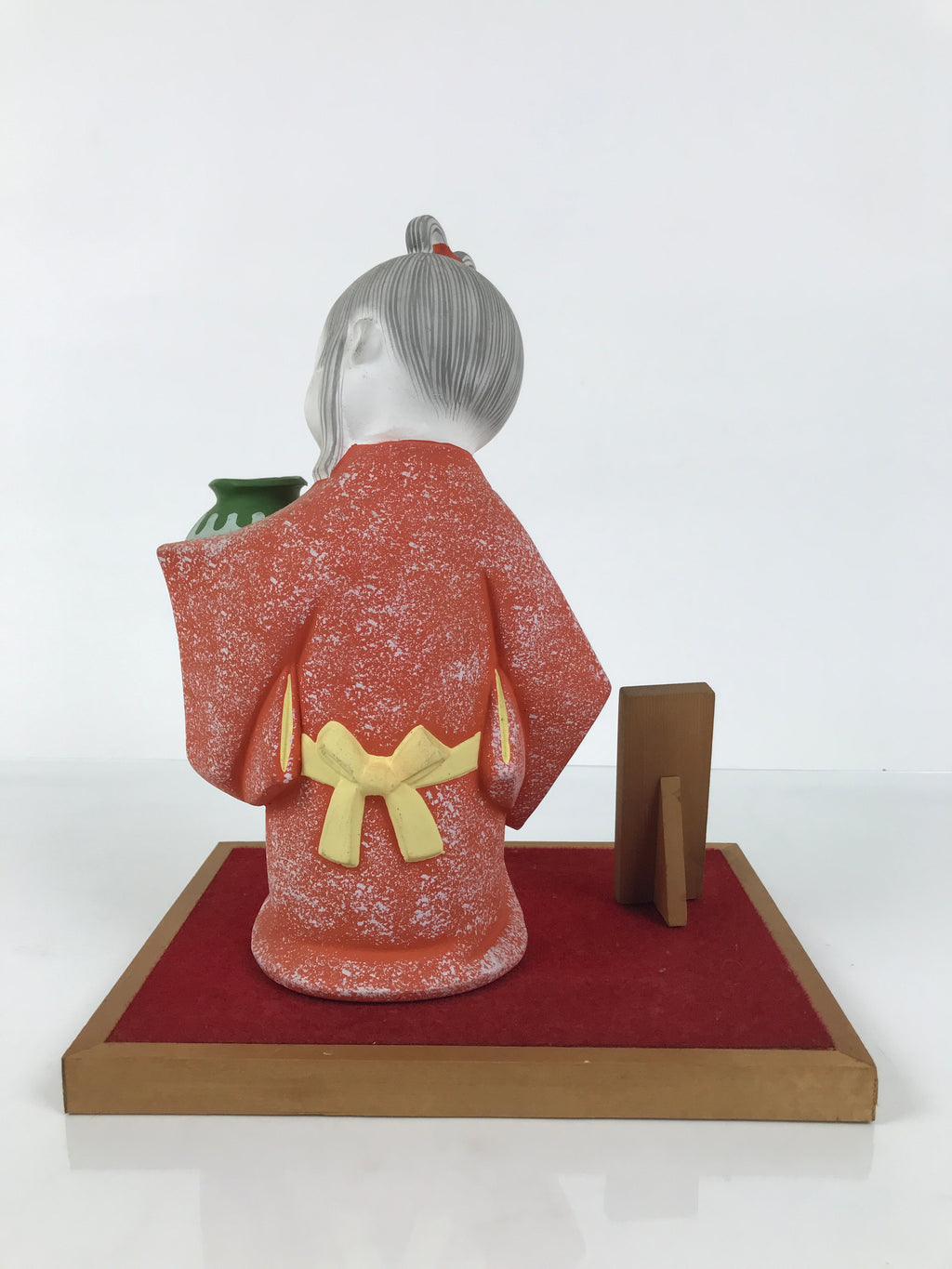 Japanese Girl Holding Pot Clay Doll Ningyo Figurine Orange Kimono w/Stand ST91