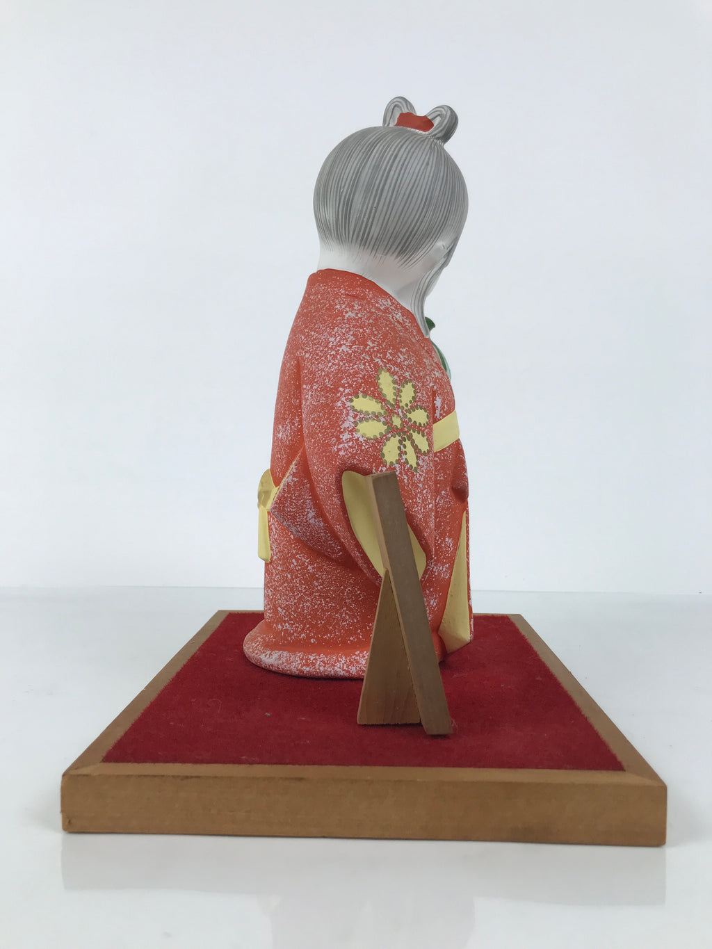 Japanese Girl Holding Pot Clay Doll Ningyo Figurine Orange Kimono w/Stand ST91