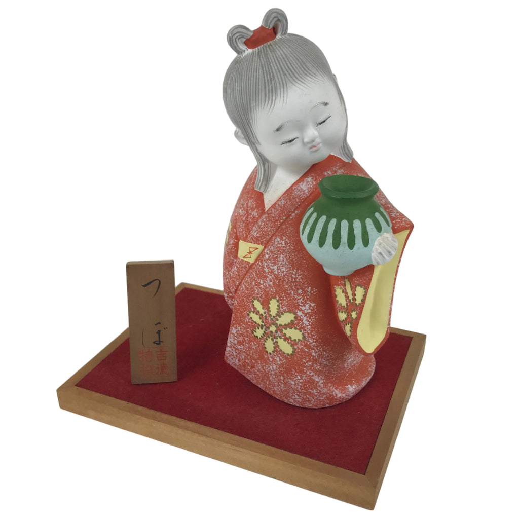 Japanese Girl Holding Pot Clay Doll Ningyo Figurine Orange Kimono w/Stand ST91