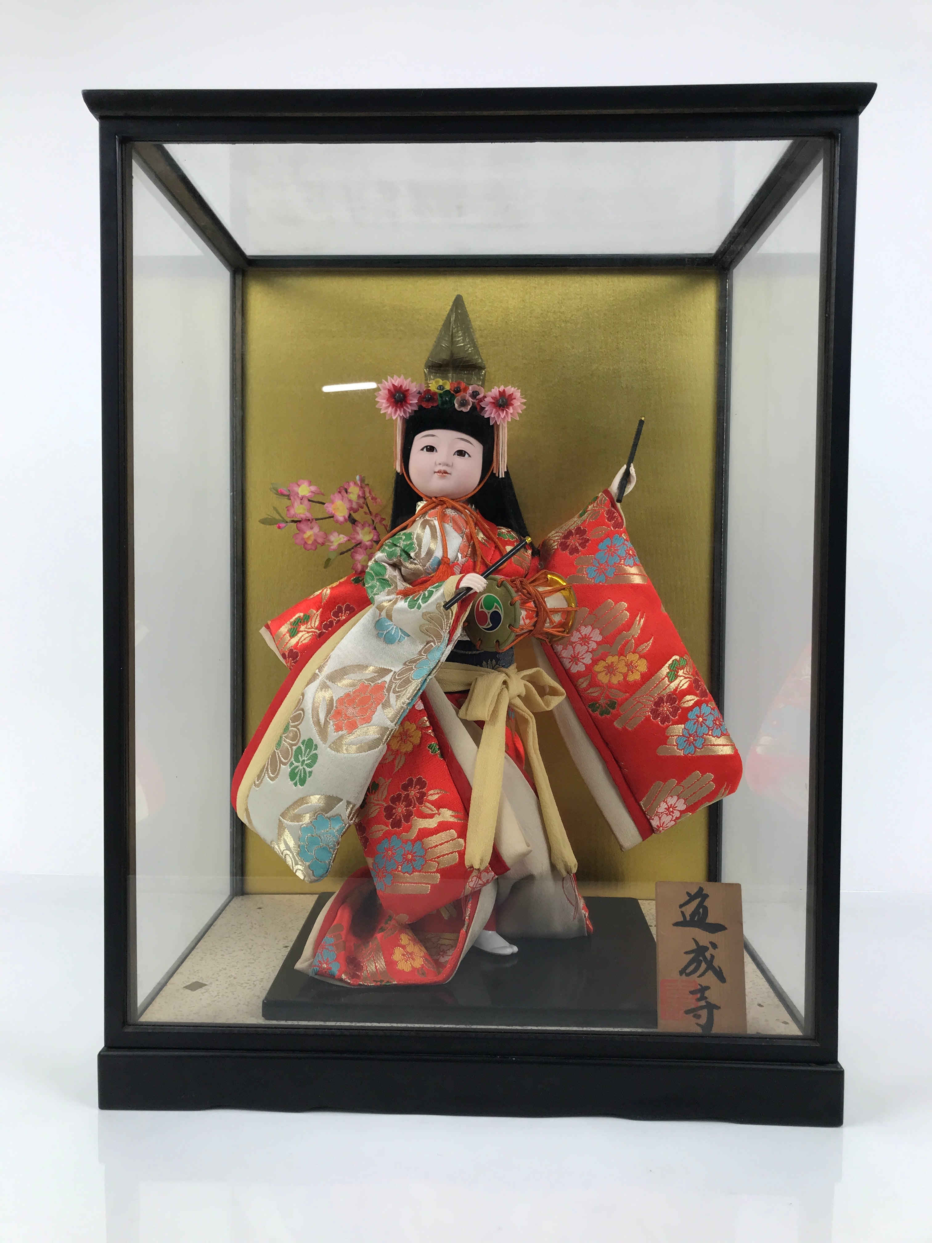 Japanese Glass Case Big Doll Ningyo Princess Vtg Girl's Day Ohinasama Silk ID657
