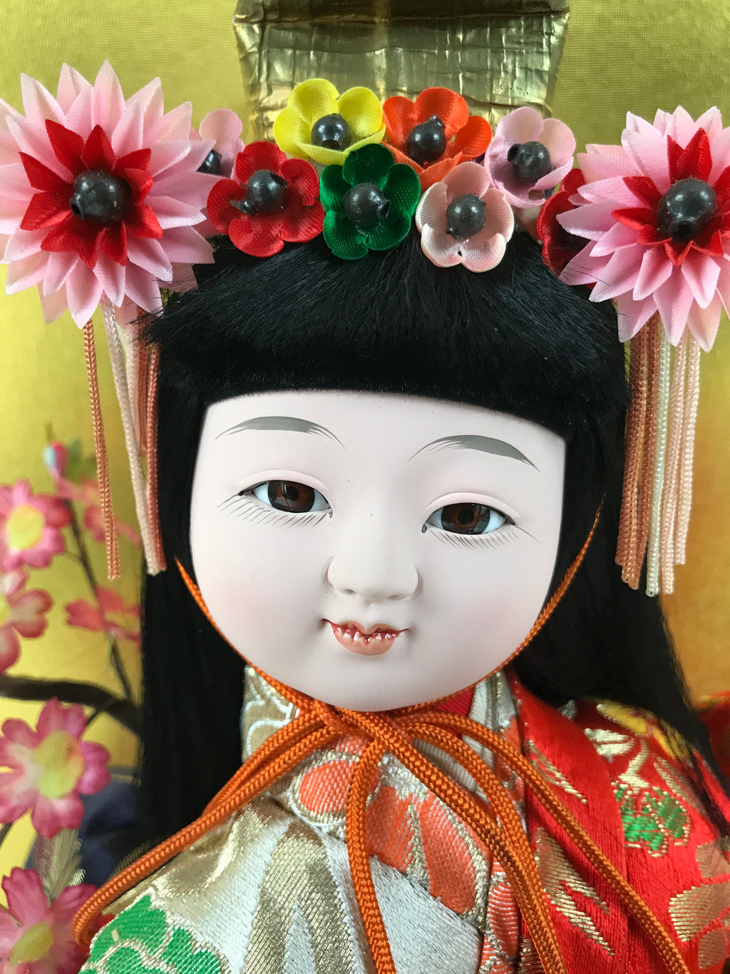 Japanese Glass Case Big Doll Ningyo Princess Vtg Girl's Day Ohinasama Silk ID657