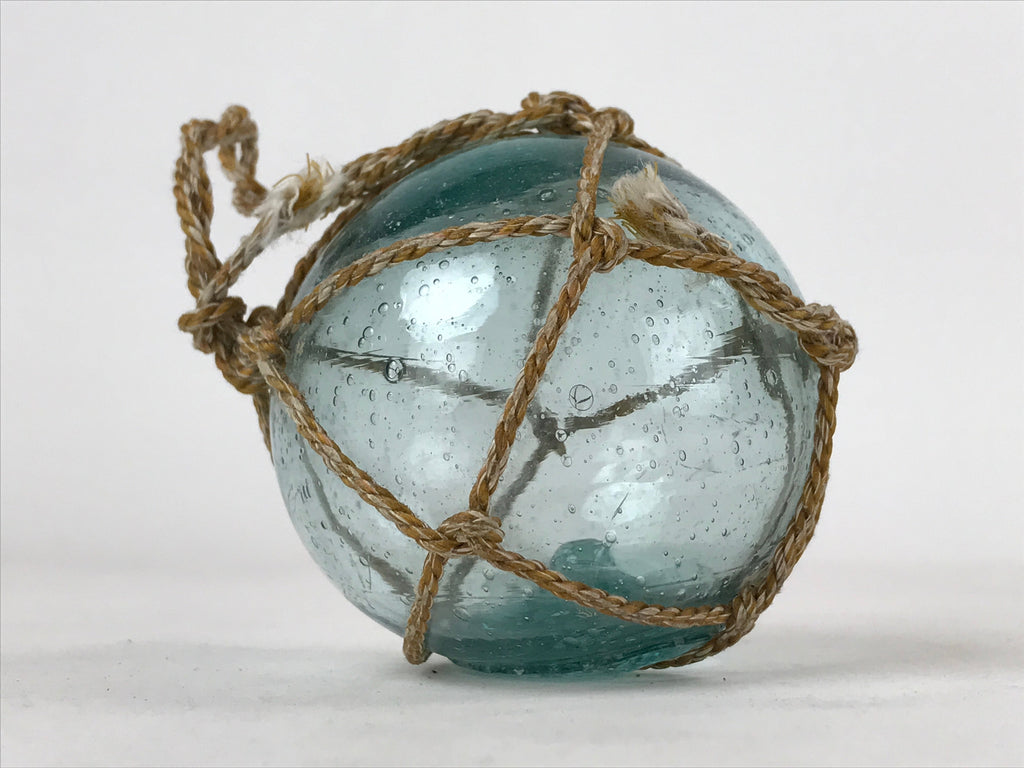 Japanese Glass Fishing Float Ukidama Buoy Ball Vtg Bindama Rope Small Blue GF11