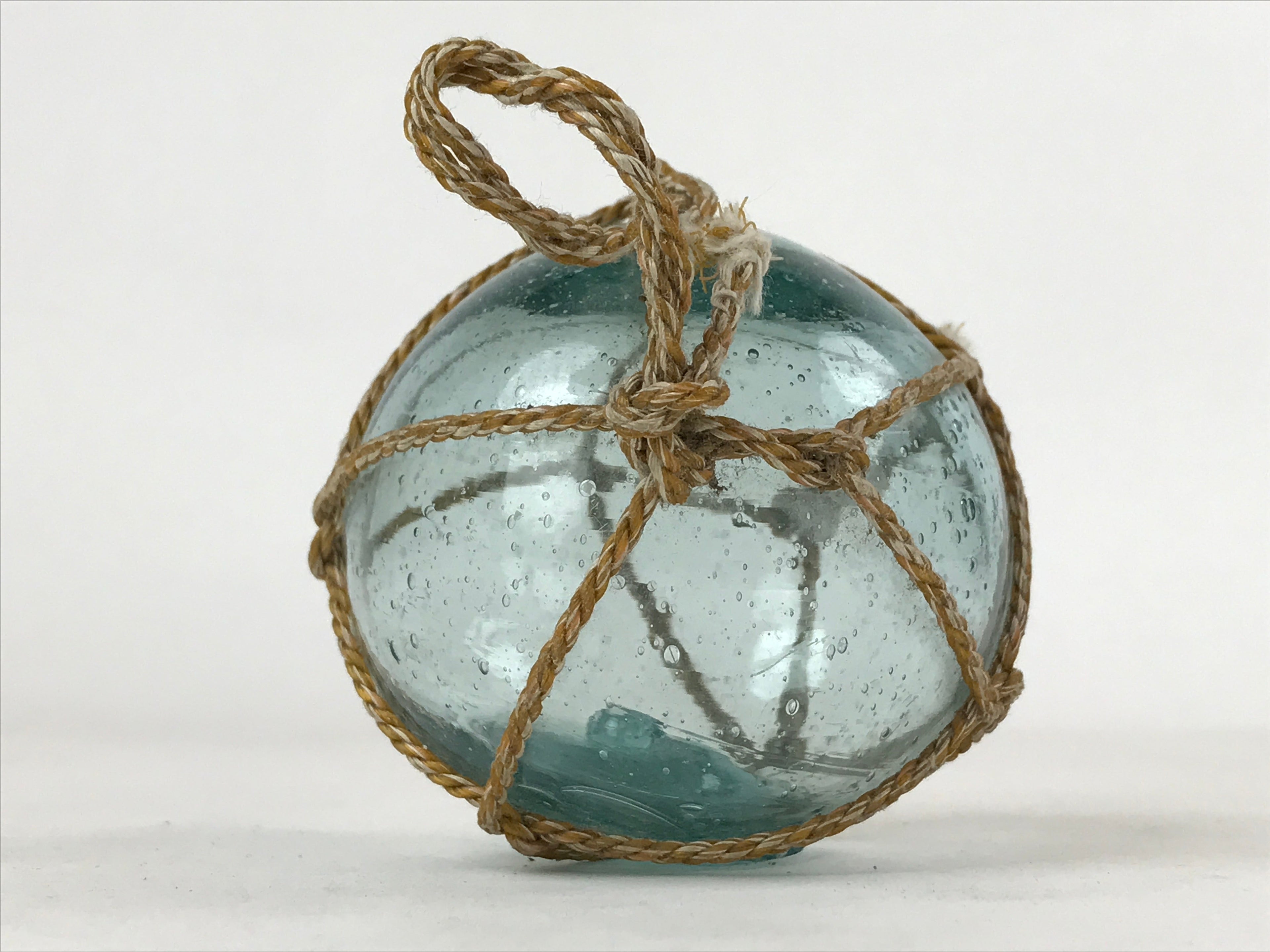 Japanese Glass Fishing Float Ukidama Buoy Ball Vtg Bindama Rope Small Blue GF11