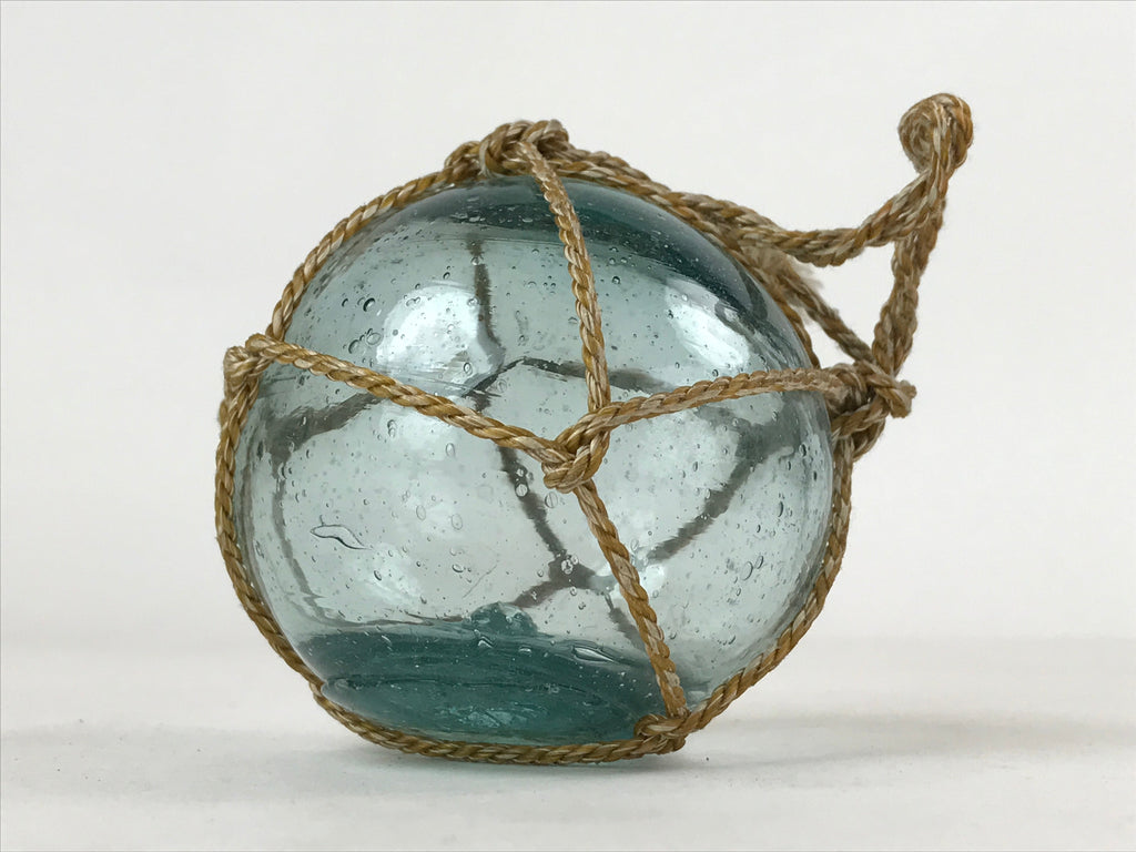 Japanese Glass Fishing Float Ukidama Buoy Ball Vtg Bindama Rope Small Blue GF11
