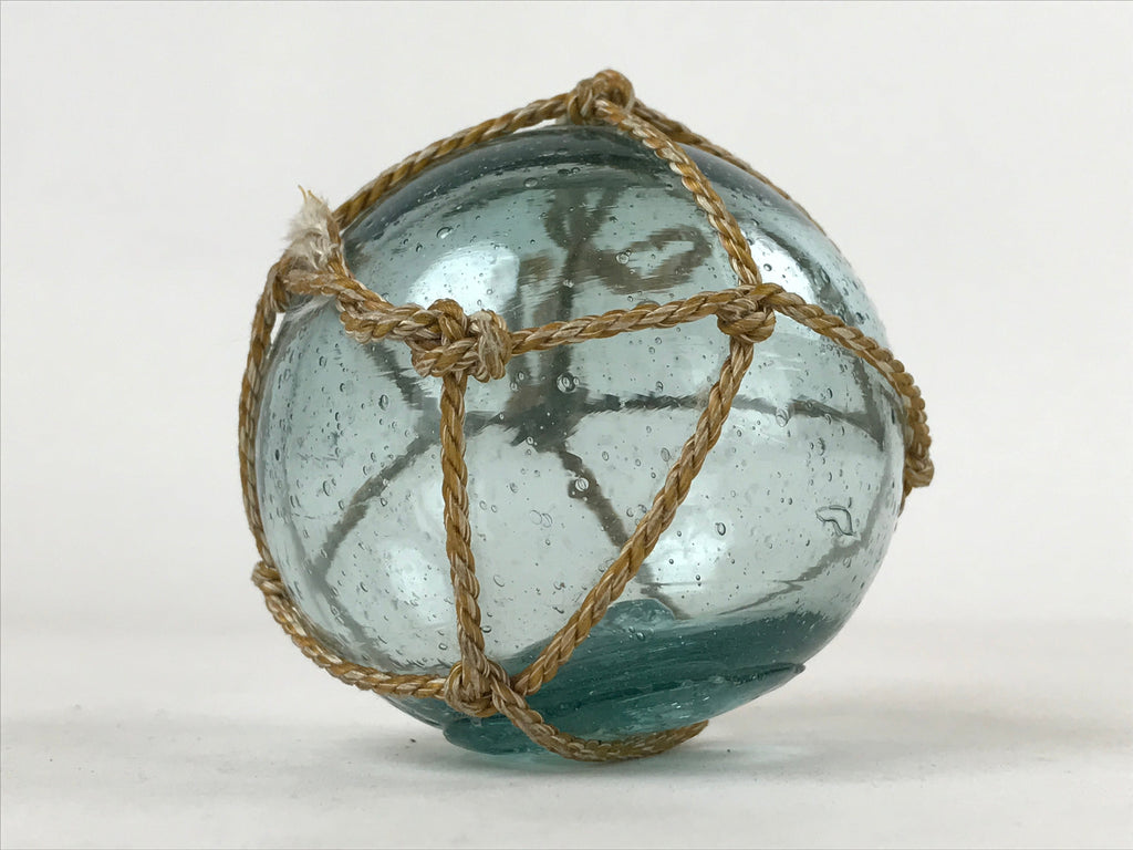 Japanese Glass Fishing Float Ukidama Buoy Ball Vtg Bindama Rope Small Blue GF11