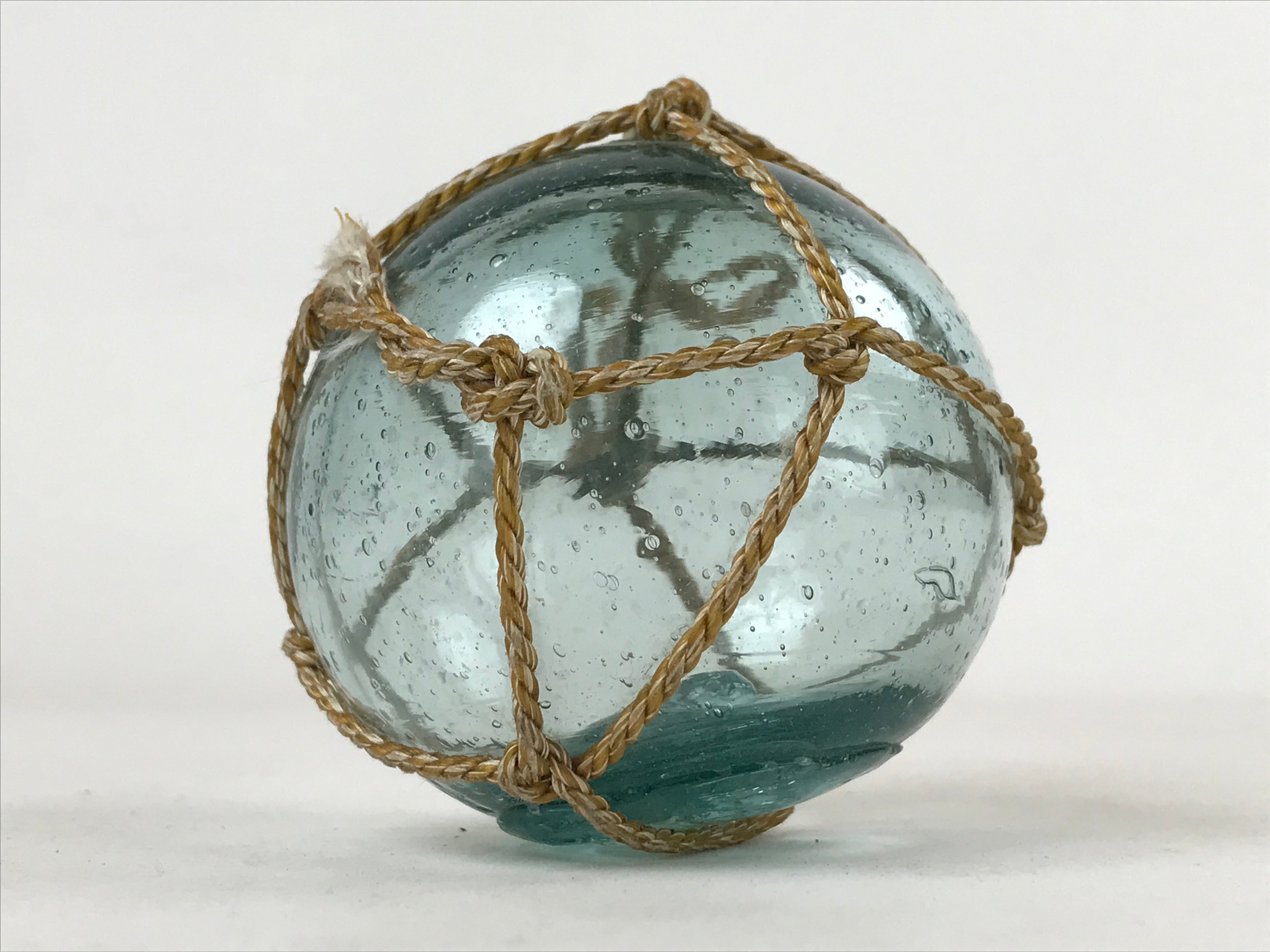 Japanese Glass Fishing Float Ukidama Buoy Ball Vtg Bindama Rope Small Blue GF11