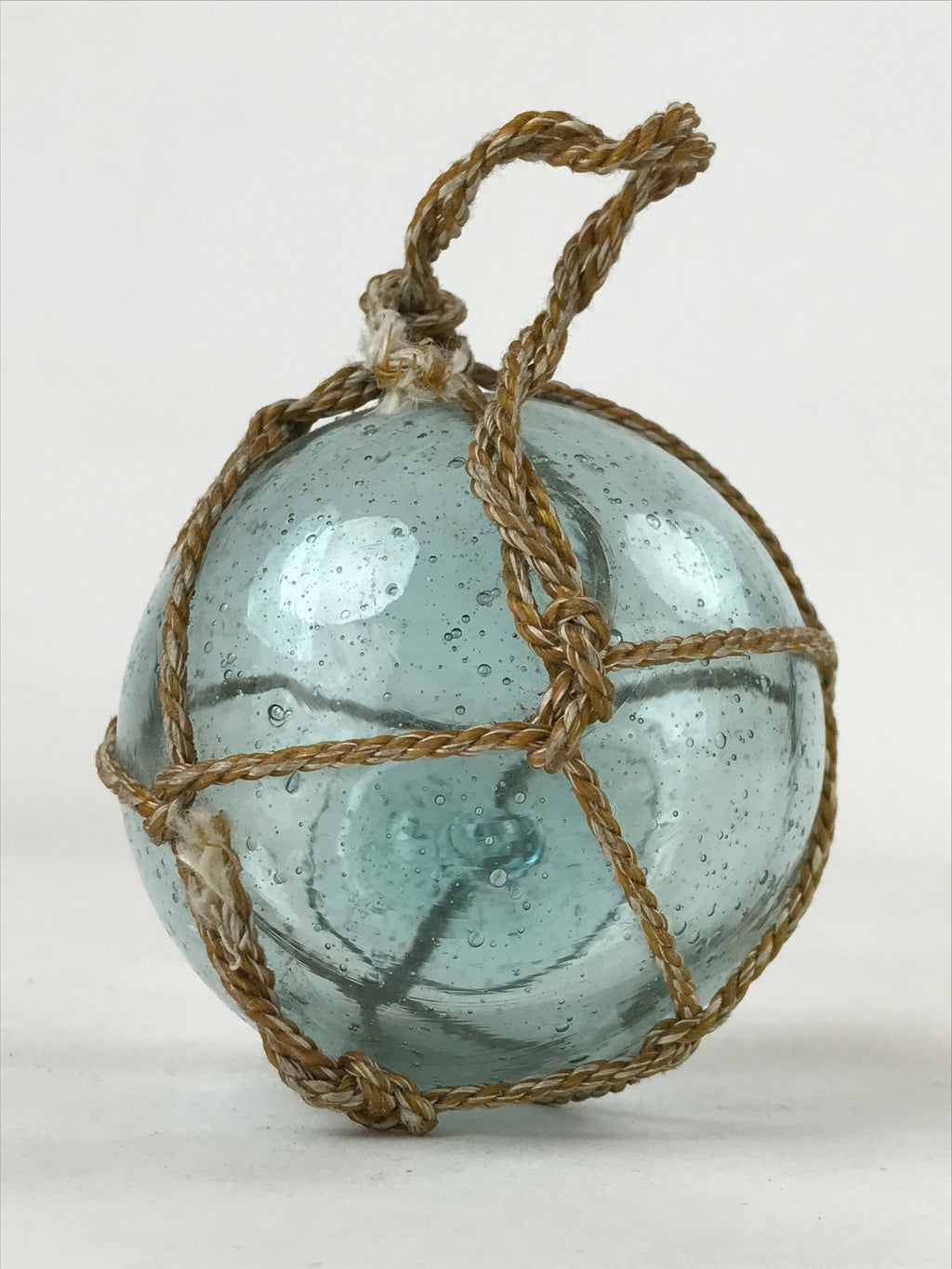 Japanese Glass Fishing Float Ukidama Buoy Ball Vtg Bindama Rope Small Blue GF11