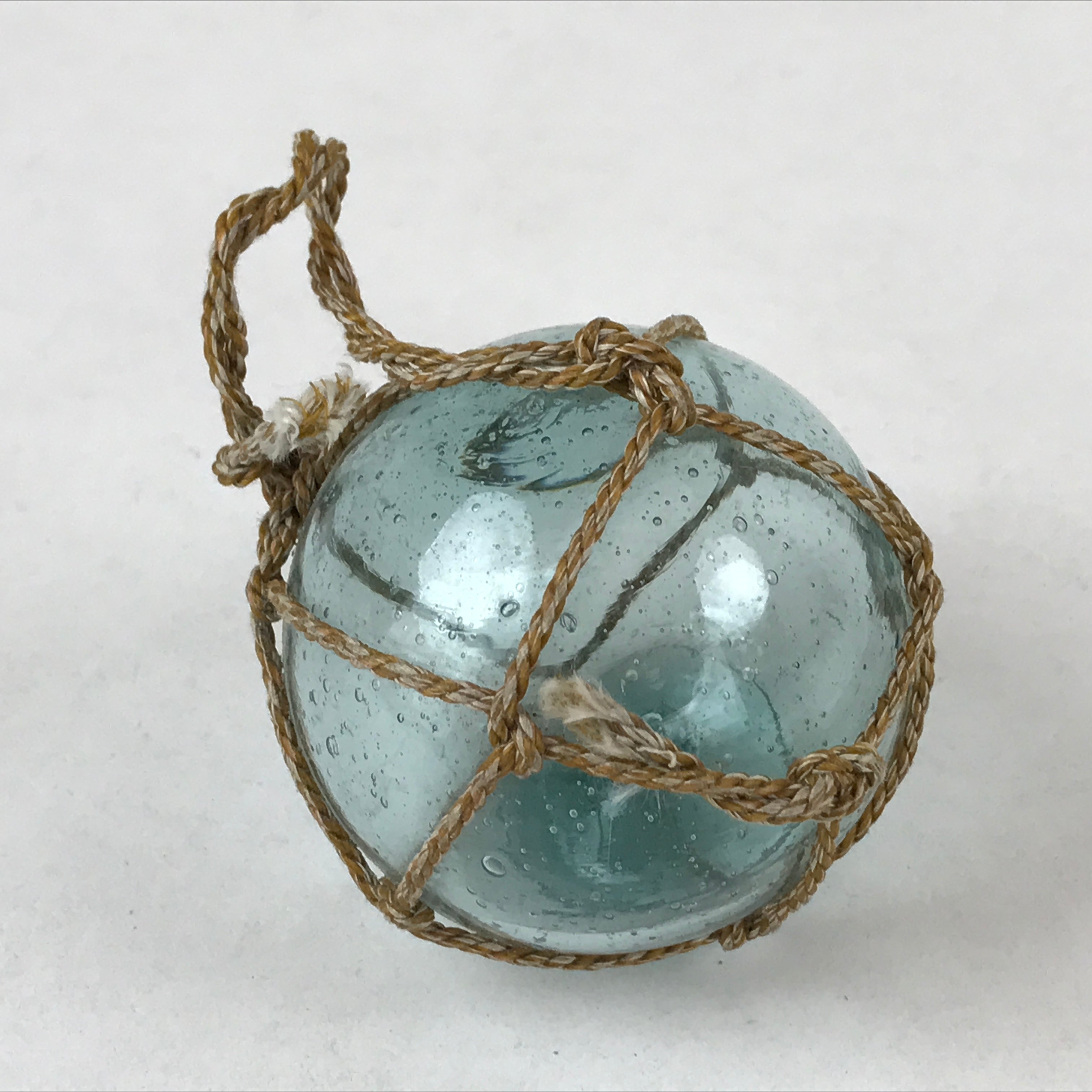 Japanese Glass Fishing Float Ukidama Buoy Ball Vtg Bindama Rope Small Blue GF11