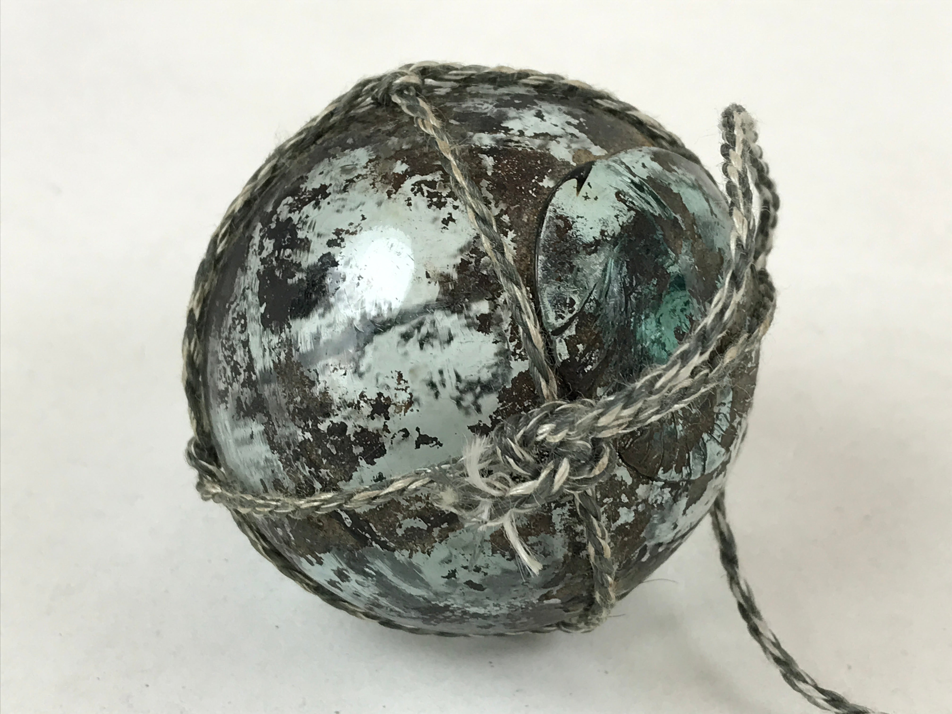 Japanese Glass Fishing Float Ukidama Buoy Ball Vtg Bindama Rope Small Blue GF12