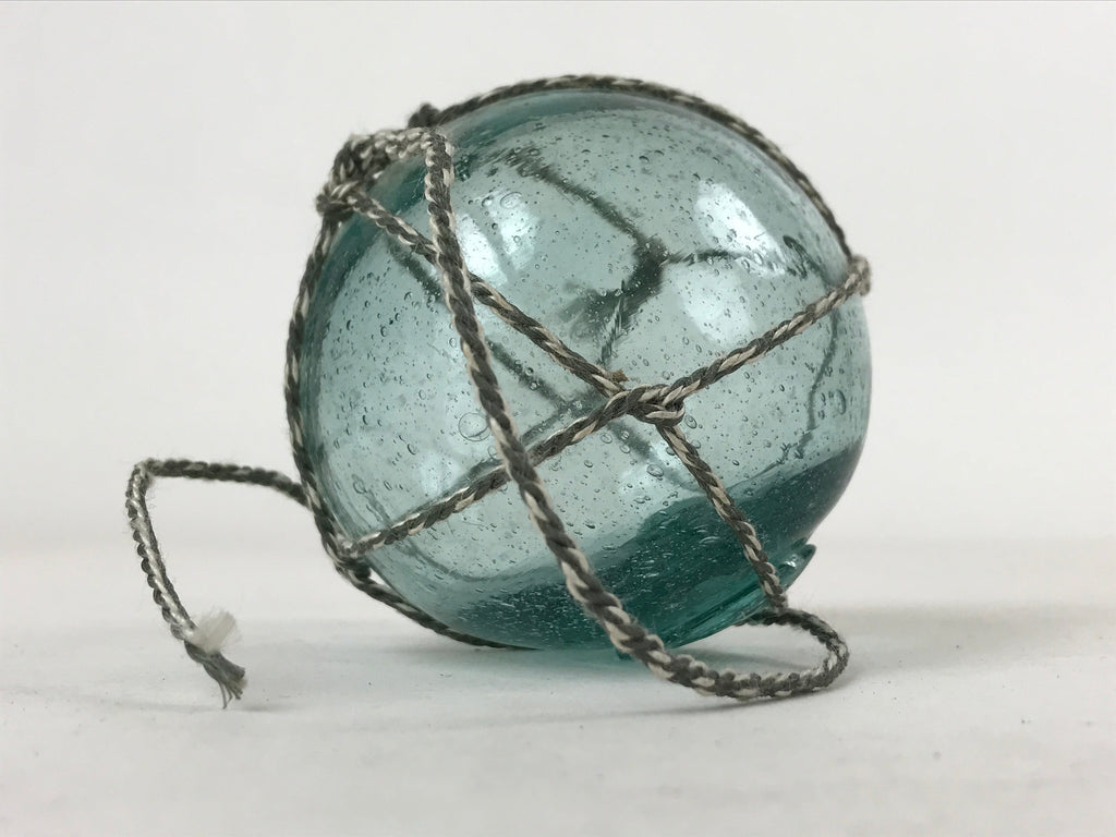 Japanese Glass Fishing Float Ukidama Buoy Ball Vtg Bindama Rope Small Blue GF13