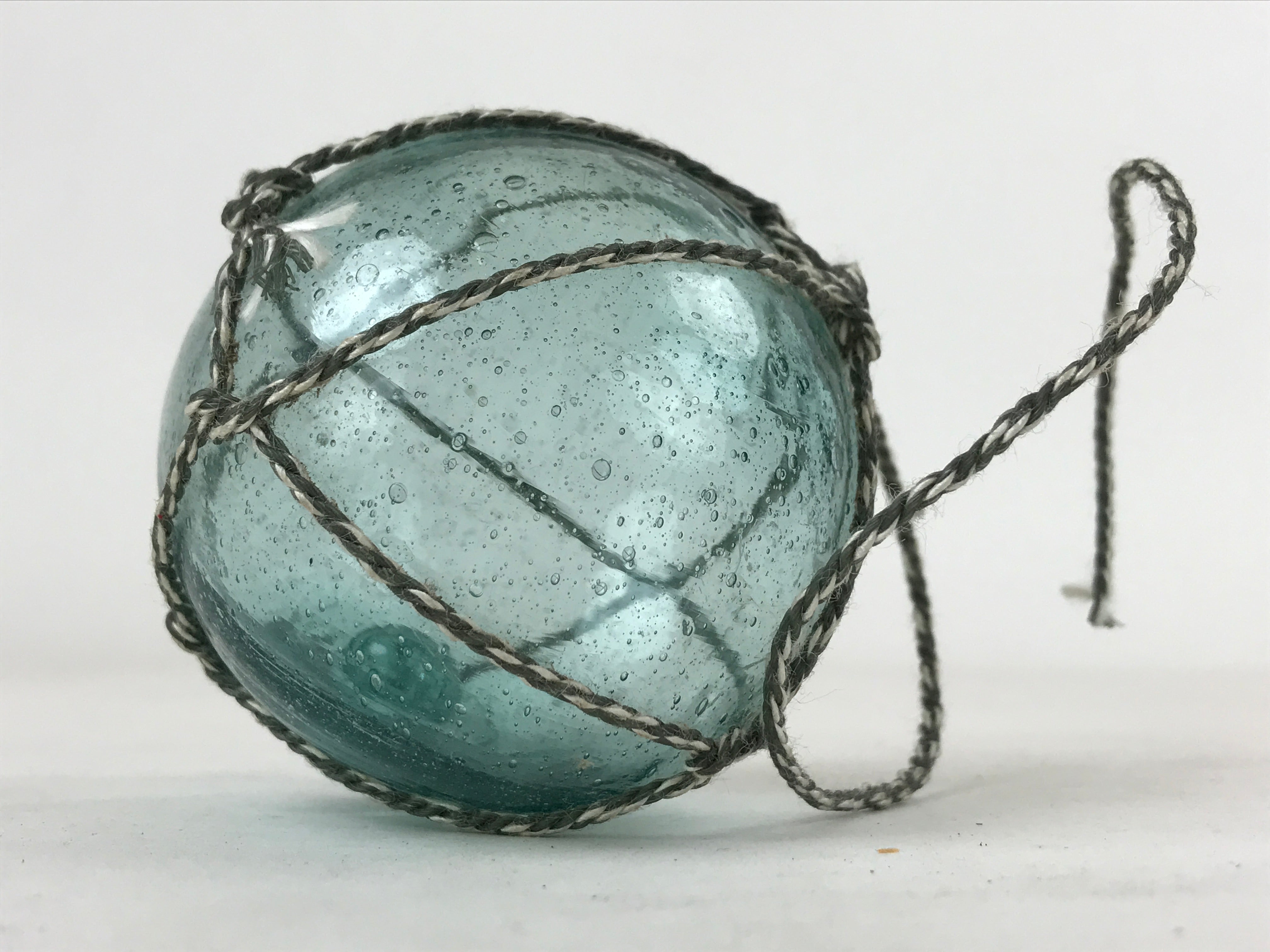 Japanese Glass Fishing Float Ukidama Buoy Ball Vtg Bindama Rope Small Blue GF13