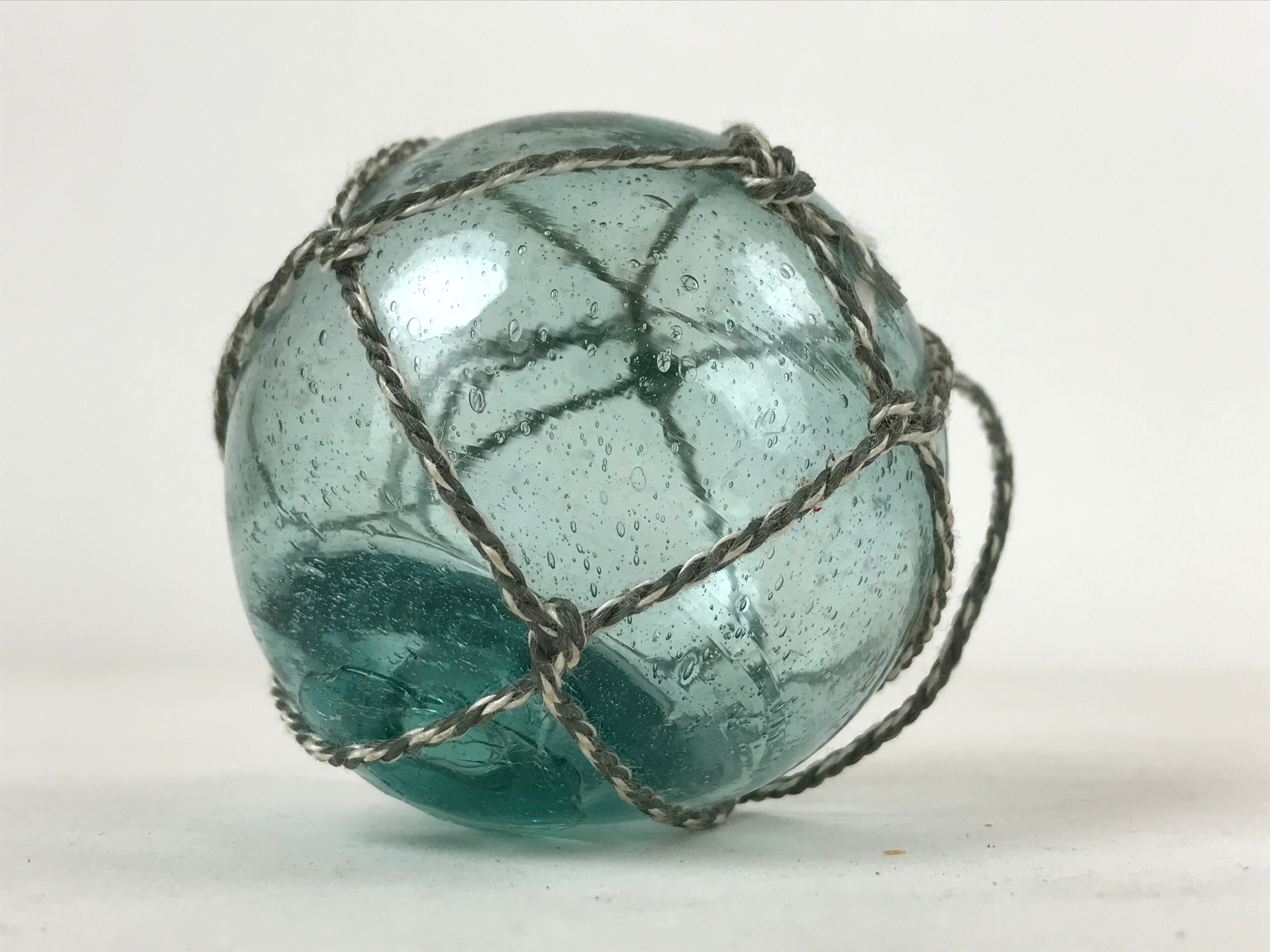 Japanese Glass Fishing Float Ukidama Buoy Ball Vtg Bindama Rope Small Blue GF13