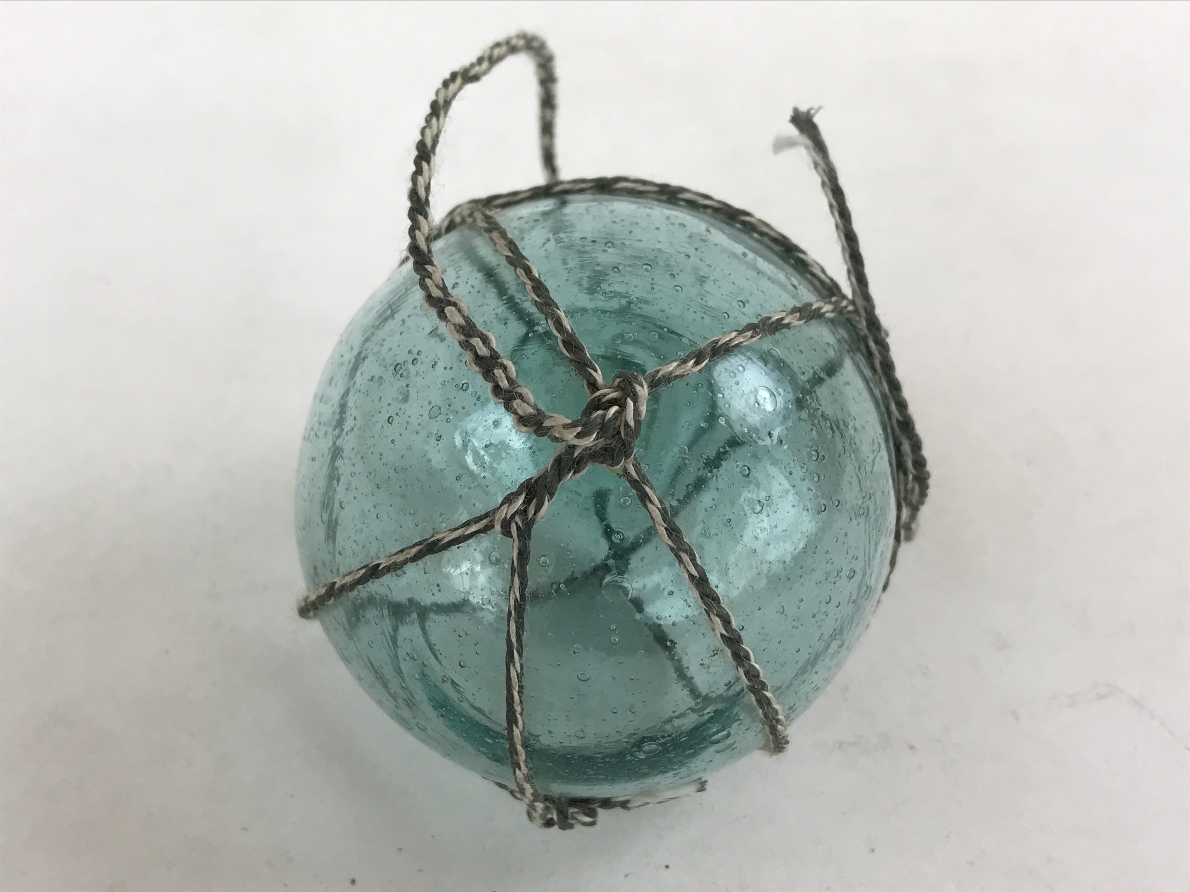 Japanese Glass Fishing Float Ukidama Buoy Ball Vtg Bindama Rope Small Blue GF13