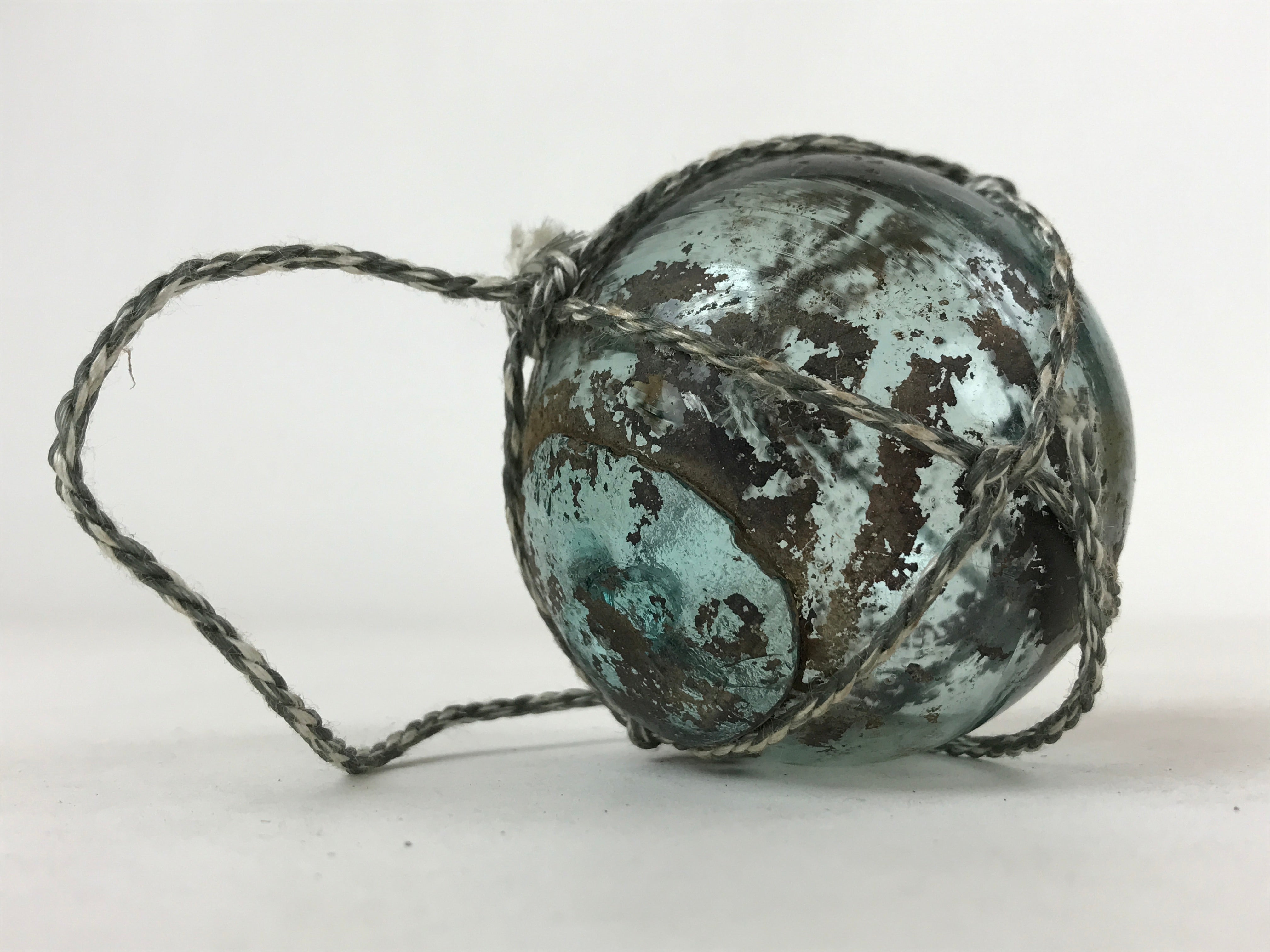 Japanese Glass Fishing Float Ukidama Buoy Ball Vtg Bindama Rope Small Blue GF14