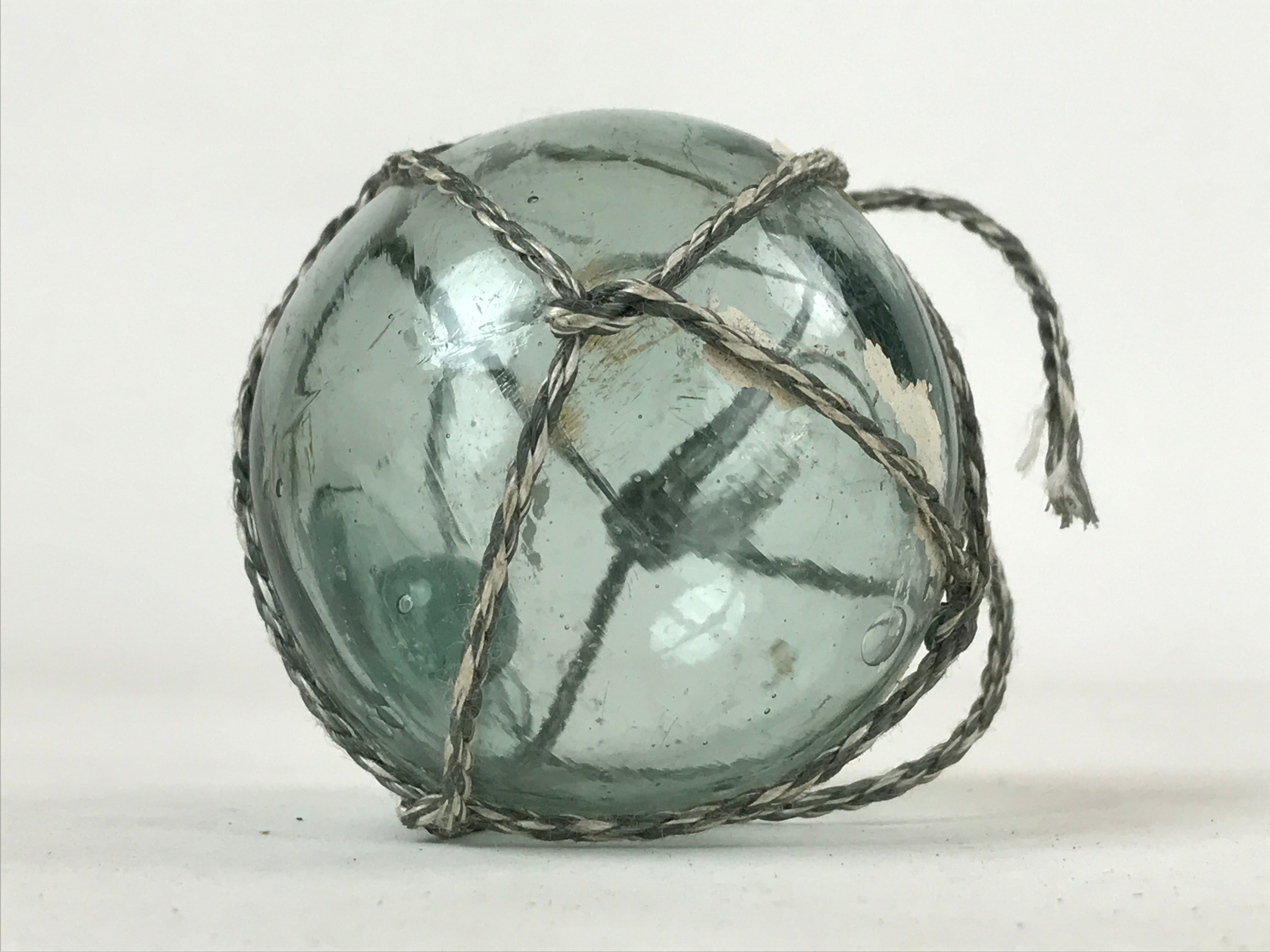 Japanese Glass Fishing Float Ukidama Buoy Ball Vtg Bindama Rope Small Blue GF15