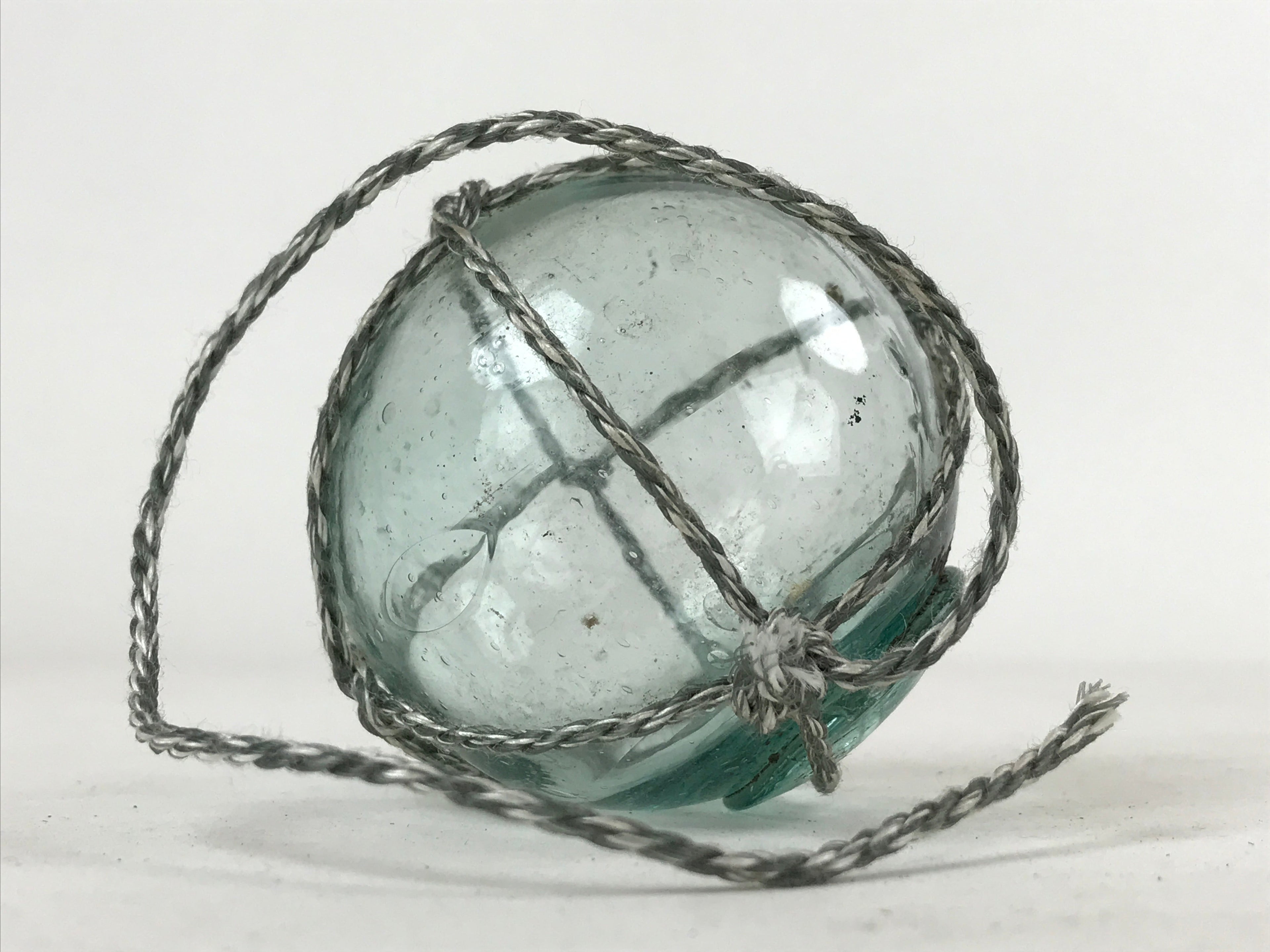 Japanese Glass Fishing Float Ukidama Buoy Ball Vtg Bindama Rope Small Blue GF16