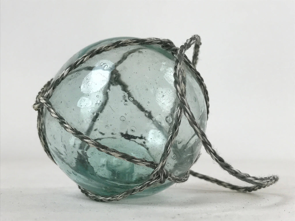 Japanese Glass Fishing Float Ukidama Buoy Ball Vtg Bindama Rope Small Blue GF16
