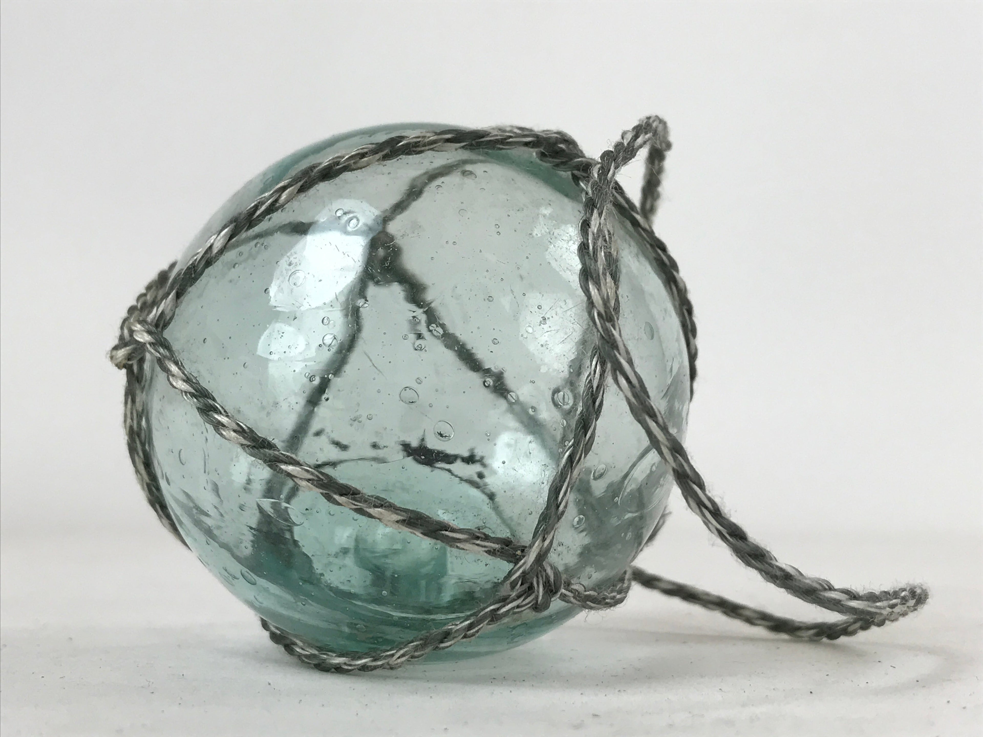 Japanese Glass Fishing Float Ukidama Buoy Ball Vtg Bindama Rope Small Blue GF16