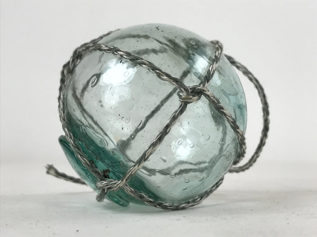 Japanese Glass Fishing Float Ukidama Buoy Ball Vtg Bindama Rope Small Blue GF16