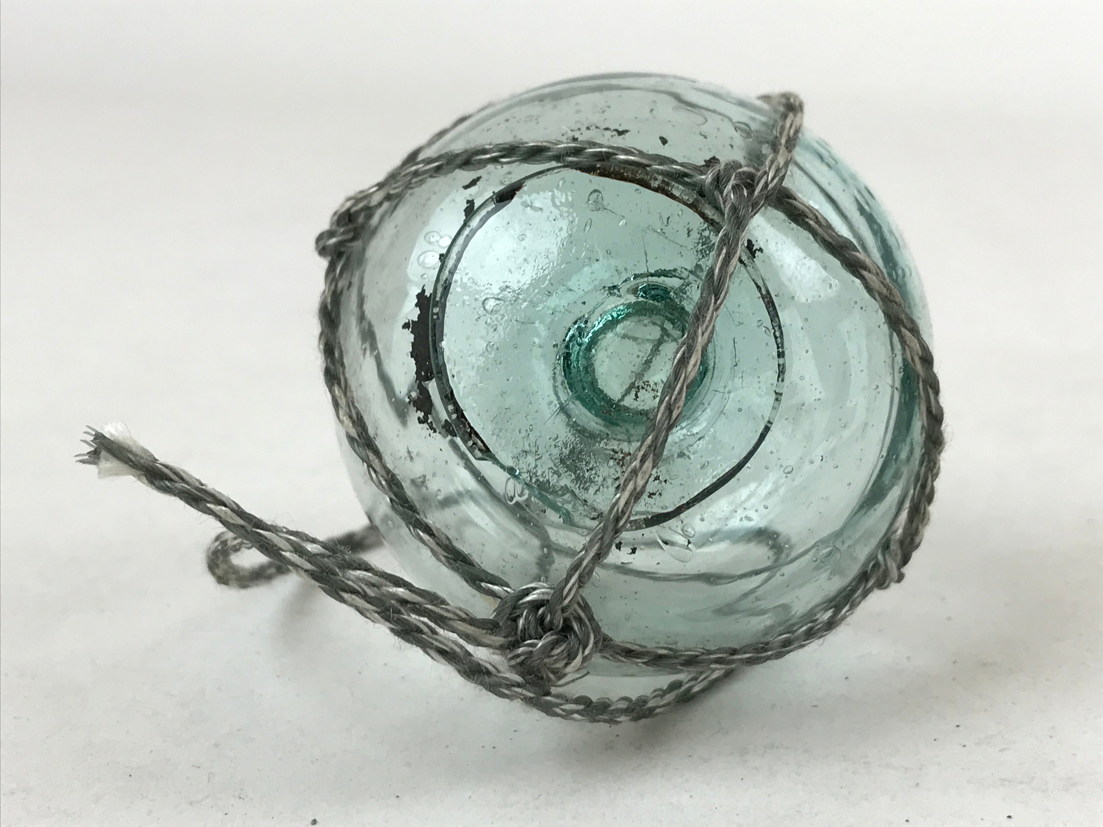 Japanese Glass Fishing Float Ukidama Buoy Ball Vtg Bindama Rope Small Blue GF16