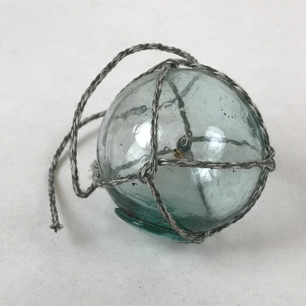 Japanese Glass Fishing Float Ukidama Buoy Ball Vtg Bindama Rope Small Blue GF16