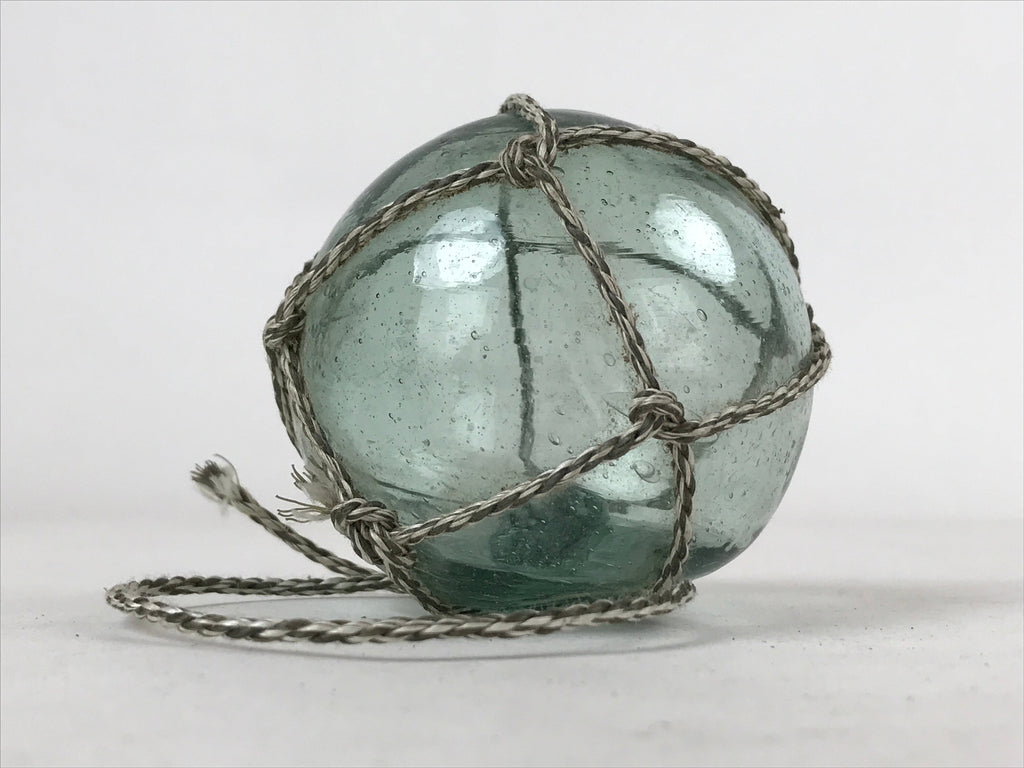 Japanese Glass Fishing Float Ukidama Buoy Ball Vtg Bindama Rope Small Blue GF17