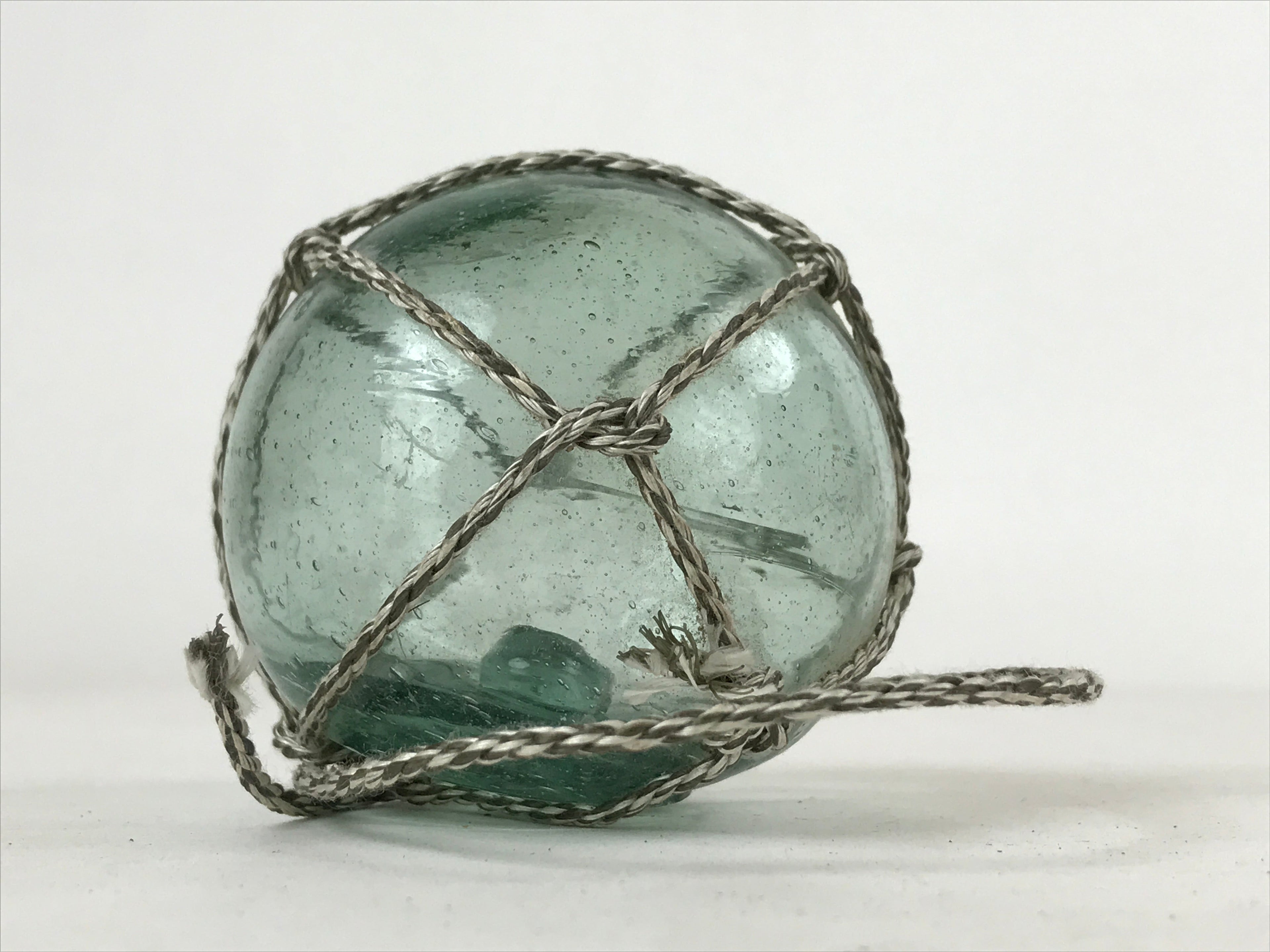 Japanese Glass Fishing Float Ukidama Buoy Ball Vtg Bindama Rope Small Blue GF17