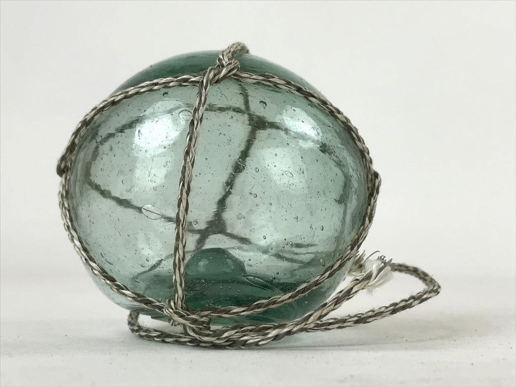 Japanese Glass Fishing Float Ukidama Buoy Ball Vtg Bindama Rope Small Blue GF17