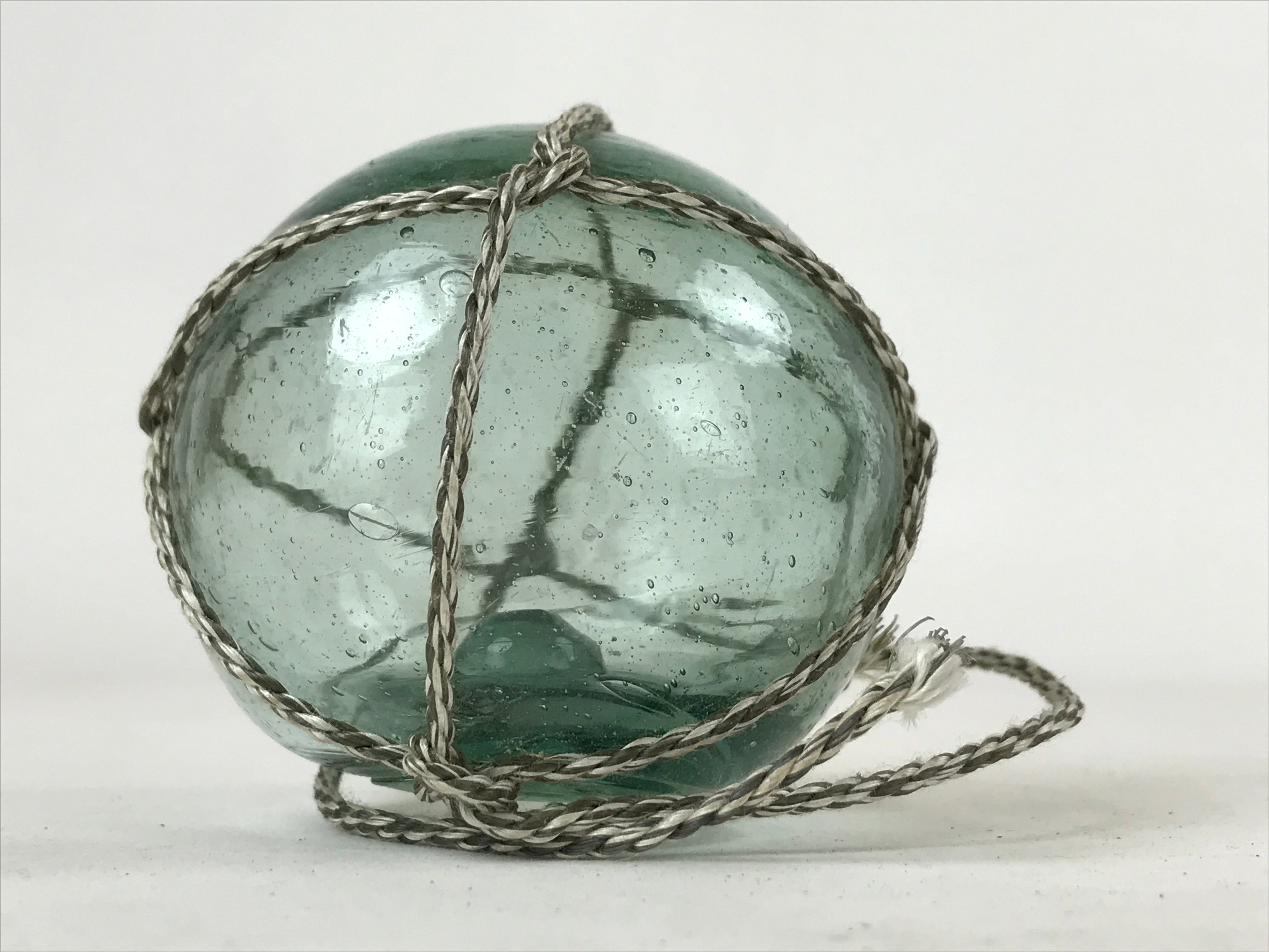Japanese Glass Fishing Float Ukidama Buoy Ball Vtg Bindama Rope Small Blue GF17