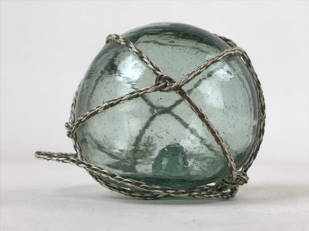 Japanese Glass Fishing Float Ukidama Buoy Ball Vtg Bindama Rope Small Blue GF17