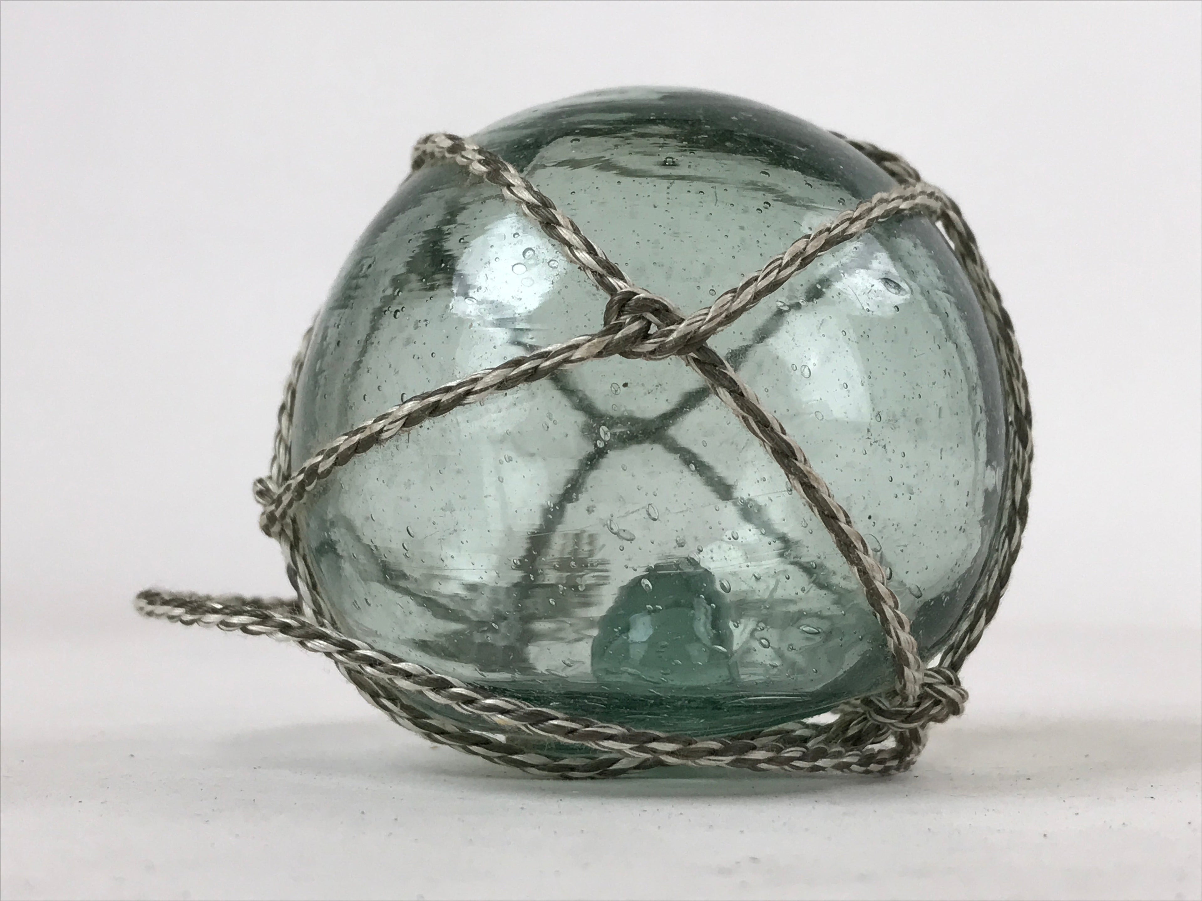 Japanese Glass Fishing Float Ukidama Buoy Ball Vtg Bindama Rope Small Blue GF17