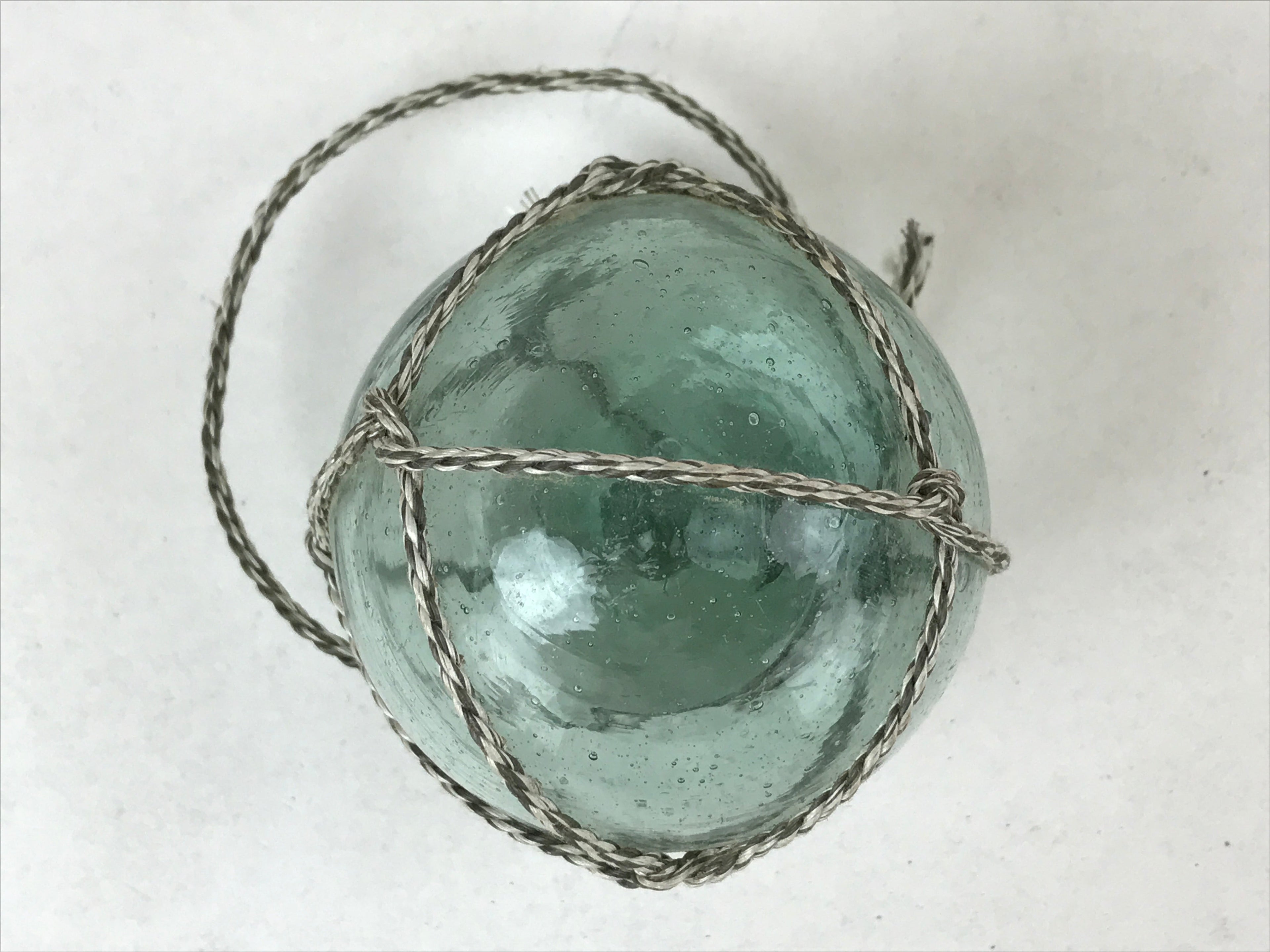 Japanese Glass Fishing Float Ukidama Buoy Ball Vtg Bindama Rope Small Blue GF17