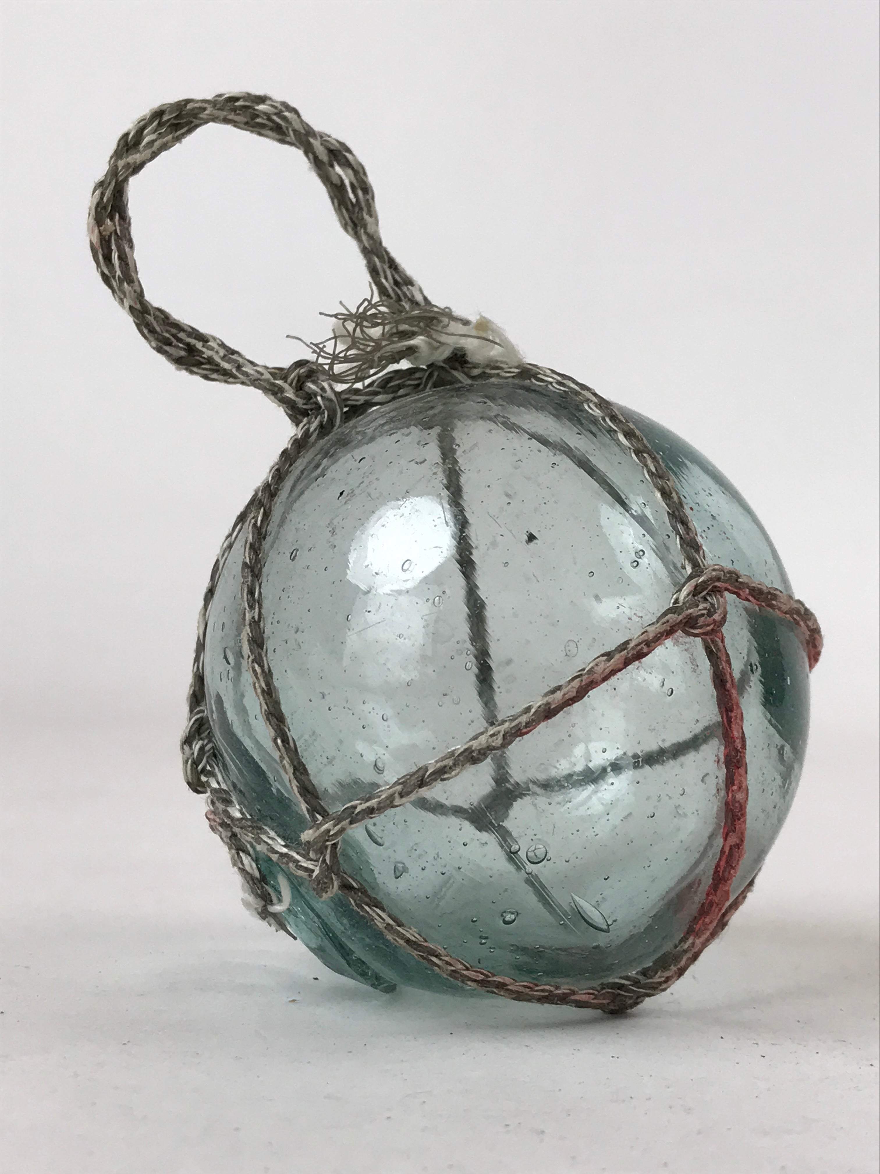 Japanese Glass Fishing Float Ukidama Buoy Ball Vtg Bindama Rope Small Blue GF18