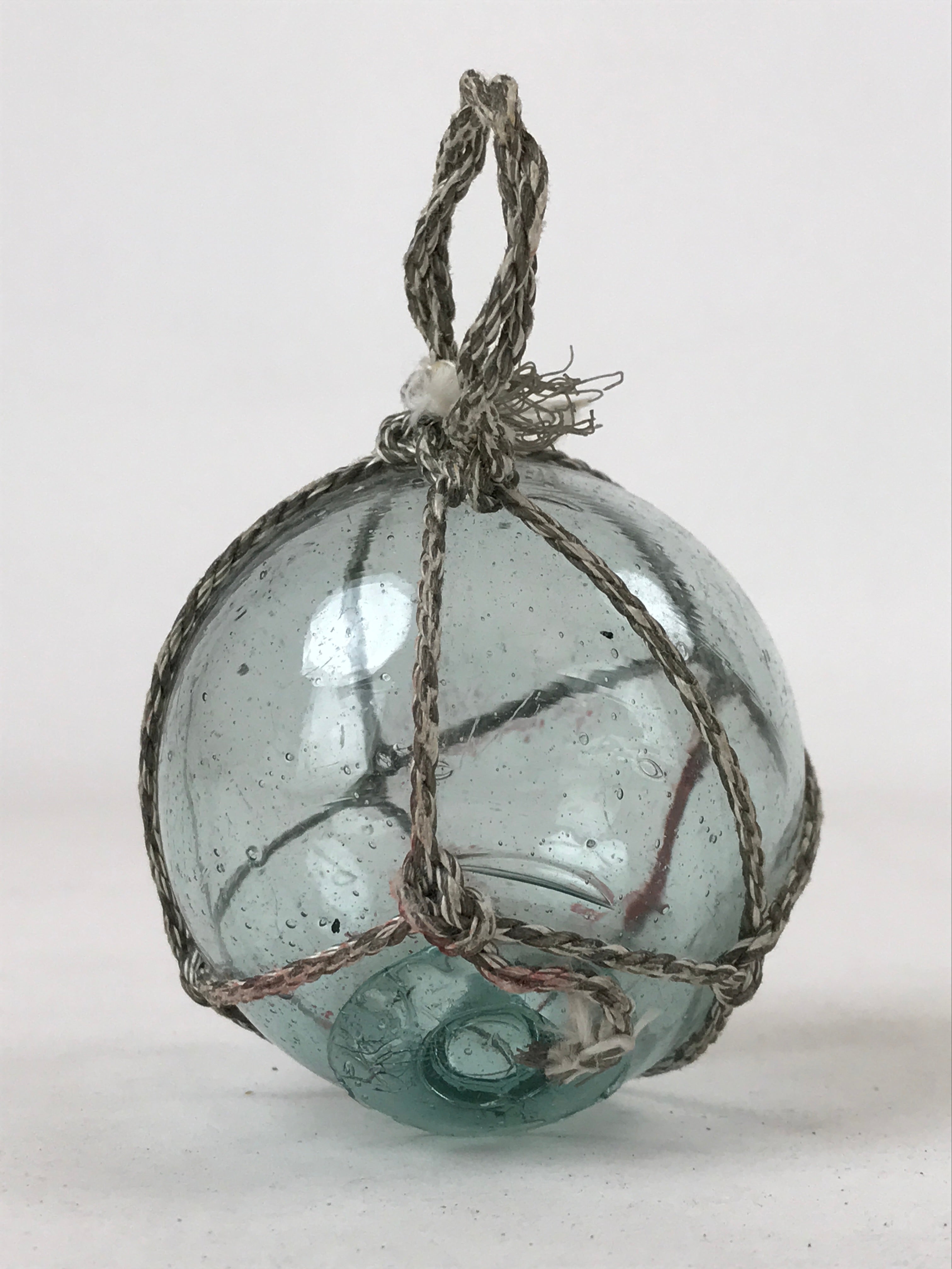 Japanese Glass Fishing Float Ukidama Buoy Ball Vtg Bindama Rope Small Blue GF18