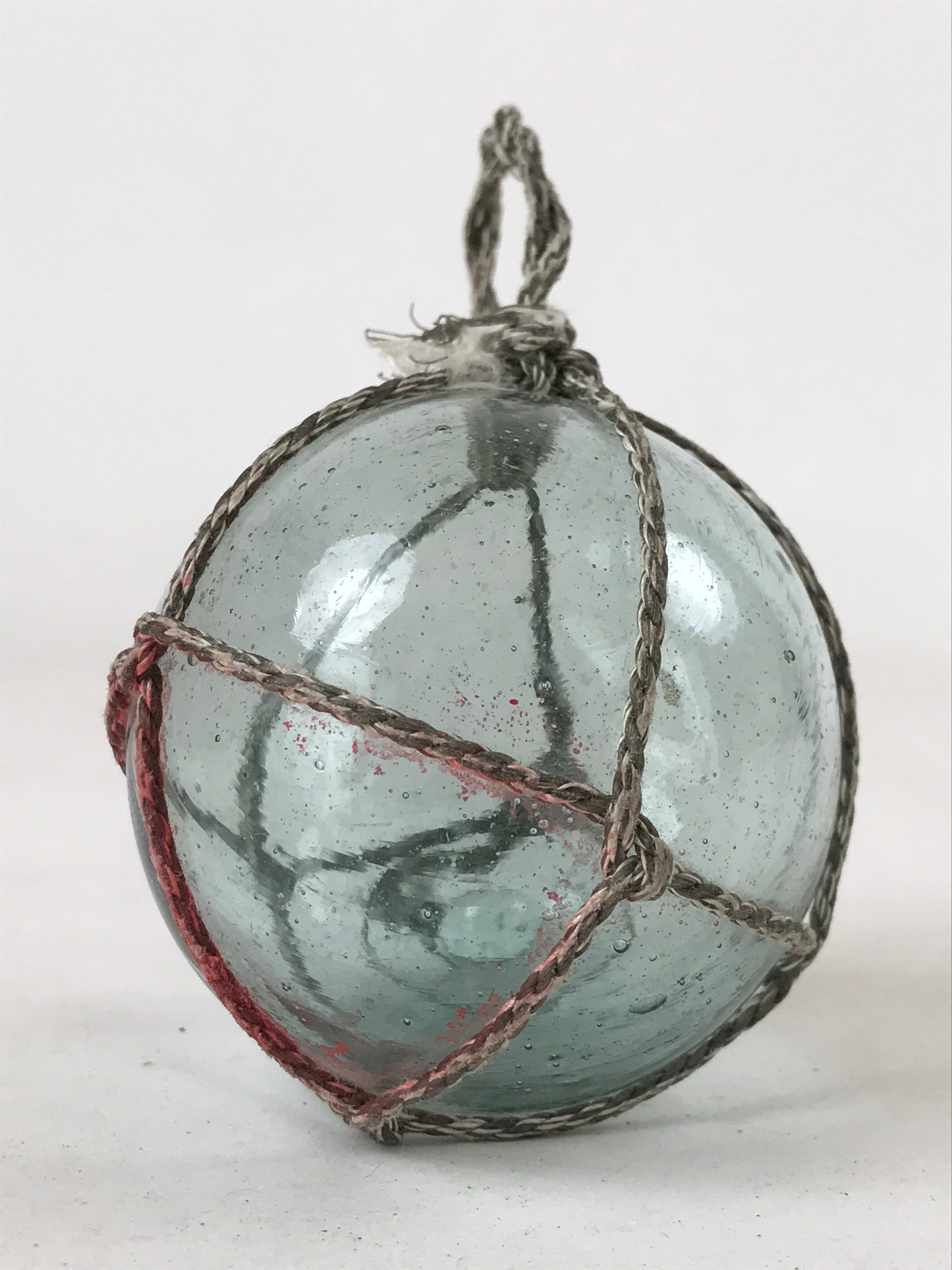 Japanese Glass Fishing Float Ukidama Buoy Ball Vtg Bindama Rope Small Blue GF18