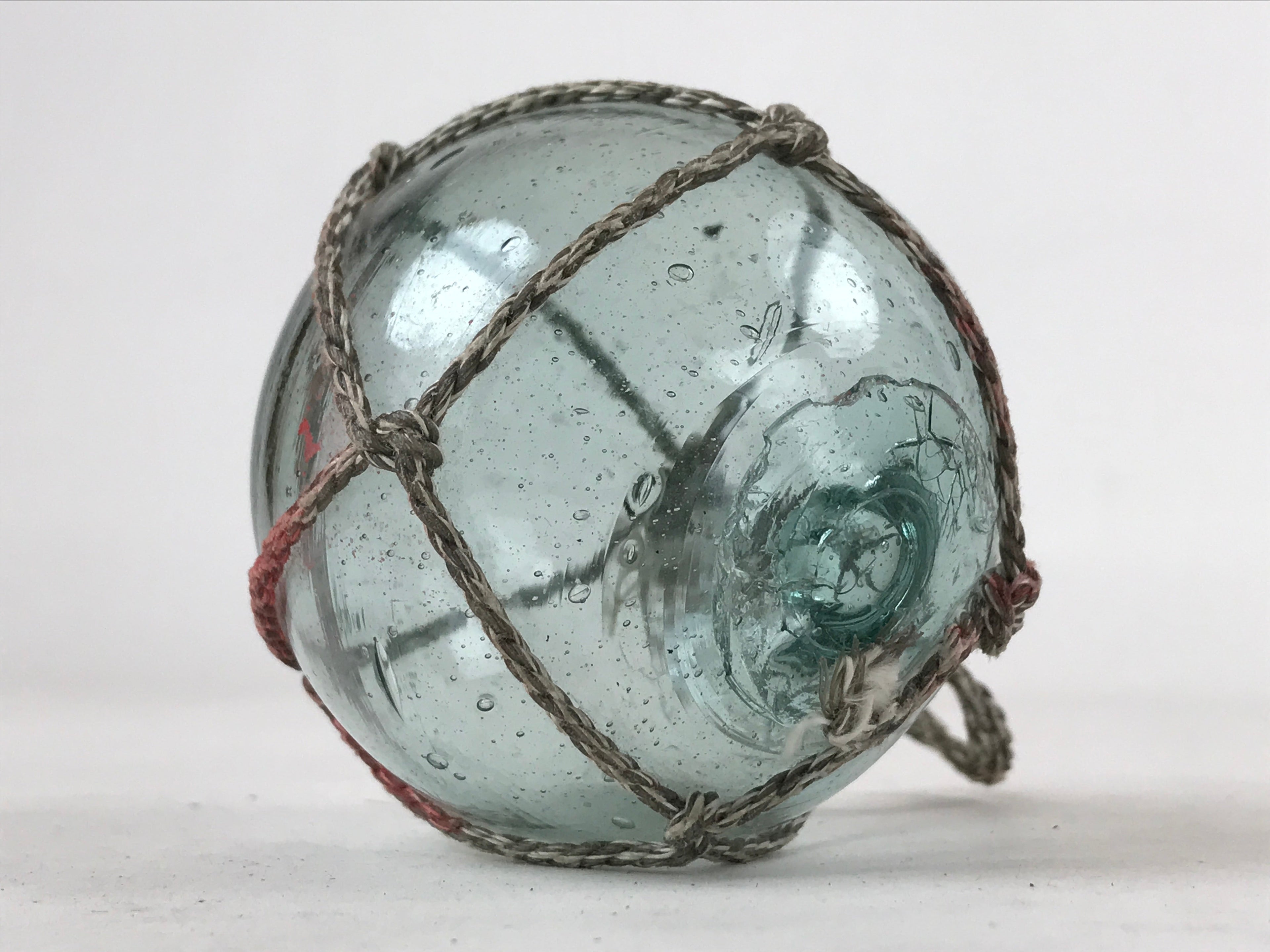Japanese Glass Fishing Float Ukidama Buoy Ball Vtg Bindama Rope Small Blue GF18