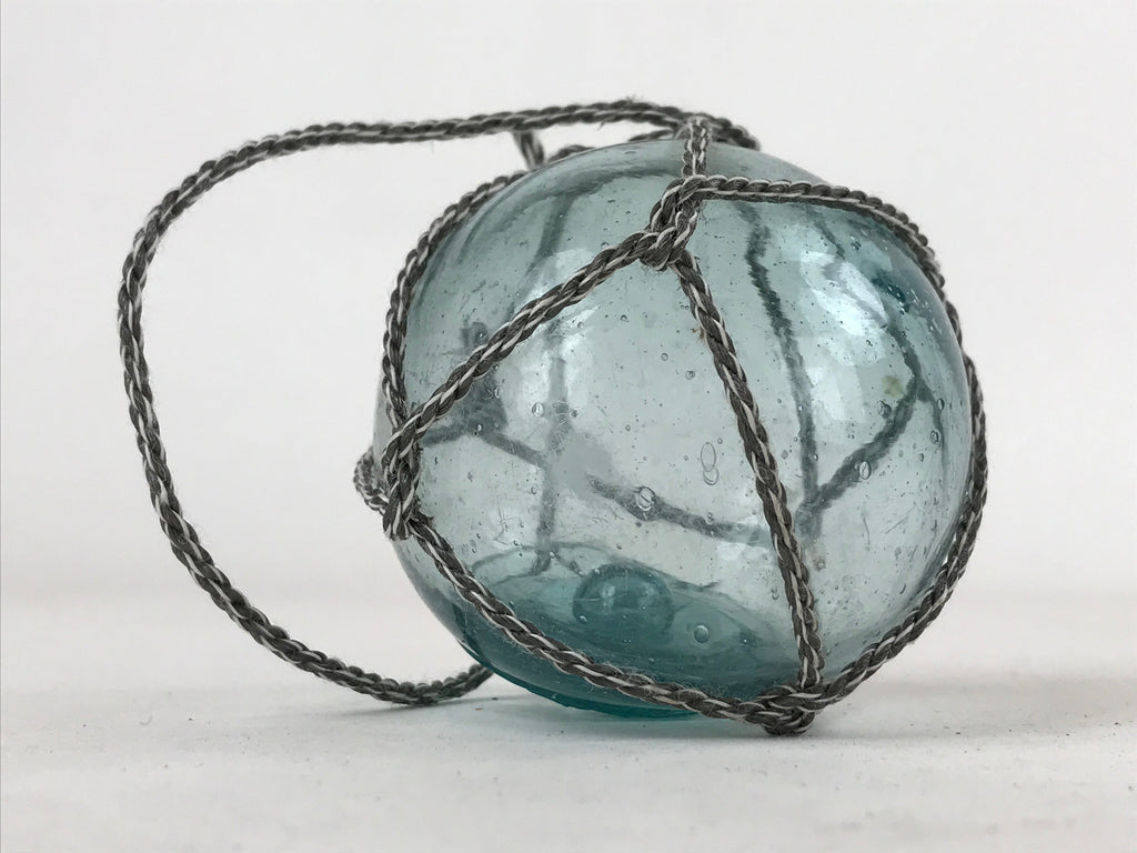 Japanese Glass Fishing Float Ukidama Buoy Ball Vtg Bindama Rope Small Blue GF19