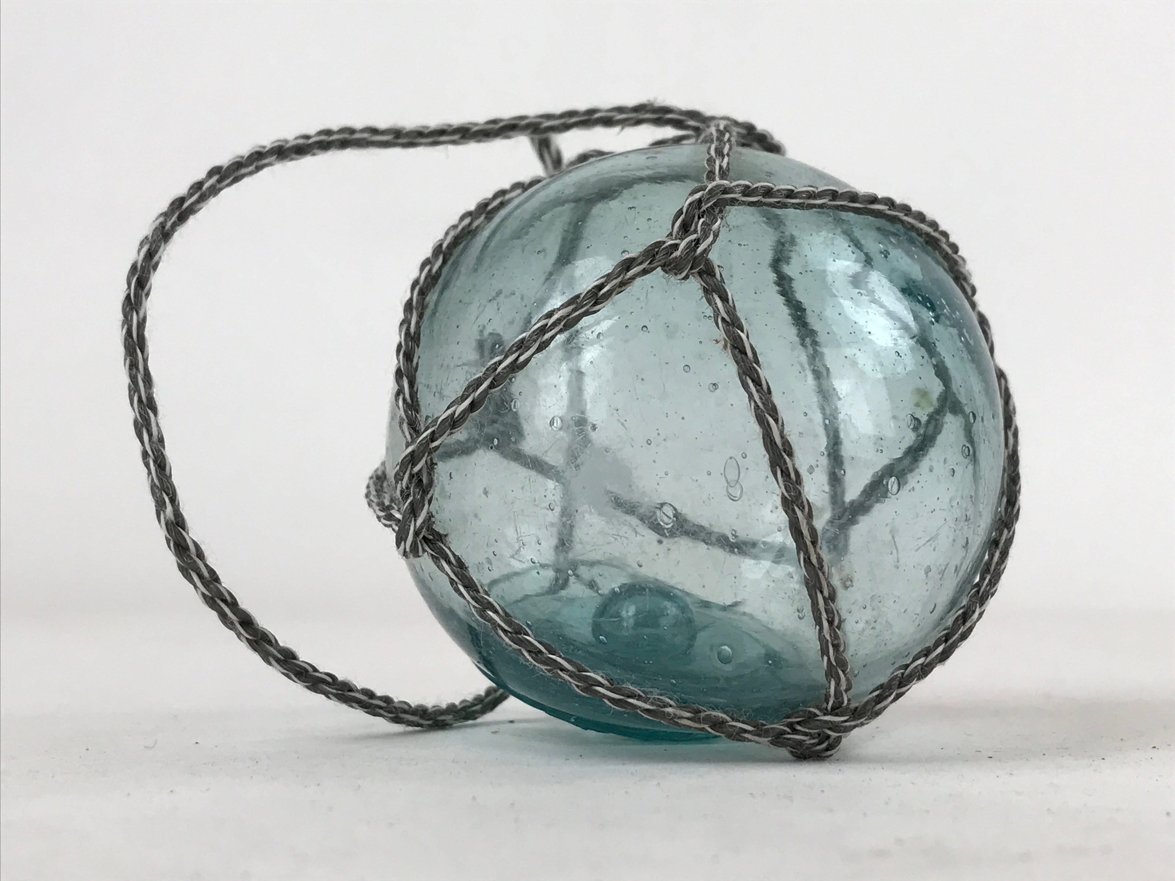Japanese Glass Fishing Float Ukidama Buoy Ball Vtg Bindama Rope Small Blue GF19